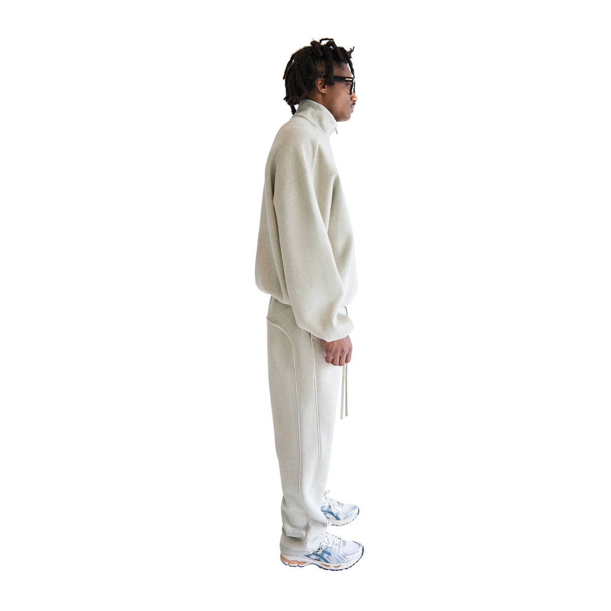 RELAXED FLEECE SWEATPANTS WITH PIPING (HEATHER STONE/CLOUD WHITE) - 3