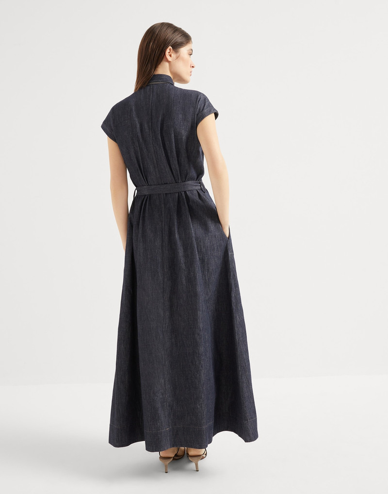 Brunello Cucinelli Denim-effect twill belted shirt dress with precious collar detail outlook