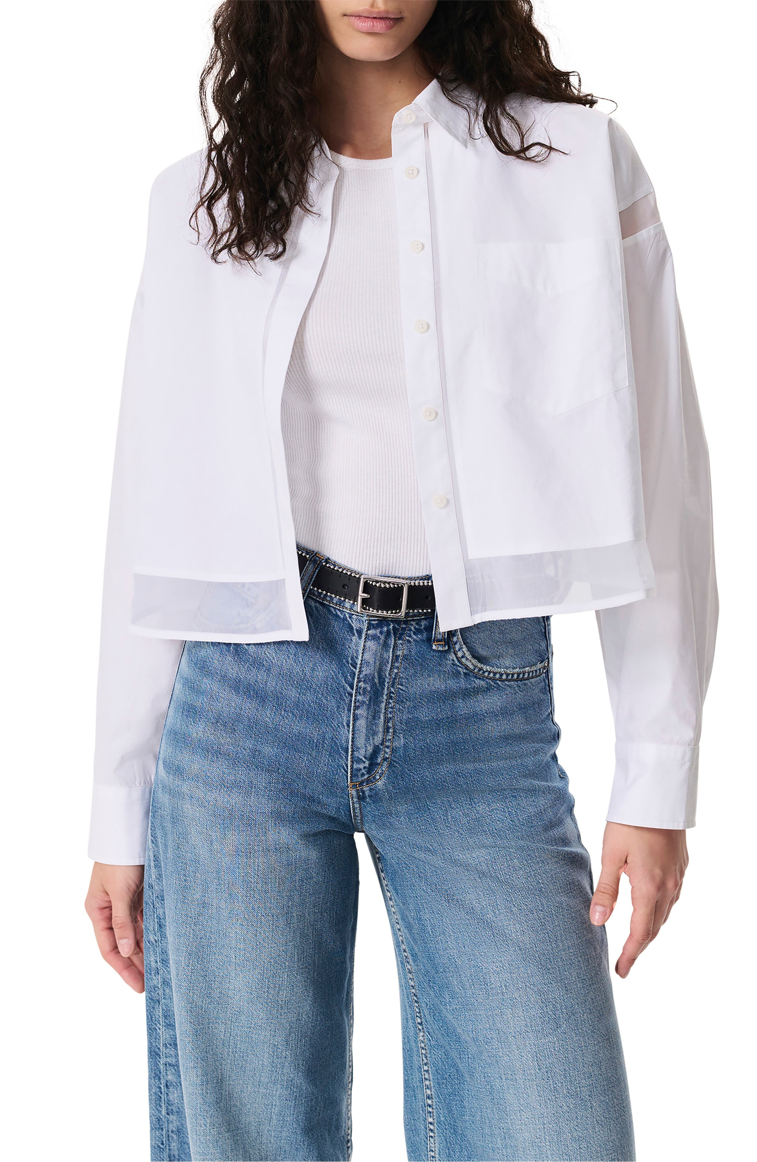 rag & bone Beatrice Mixed Media Crop Button-Up Shirt in White at Nordstrom - 1