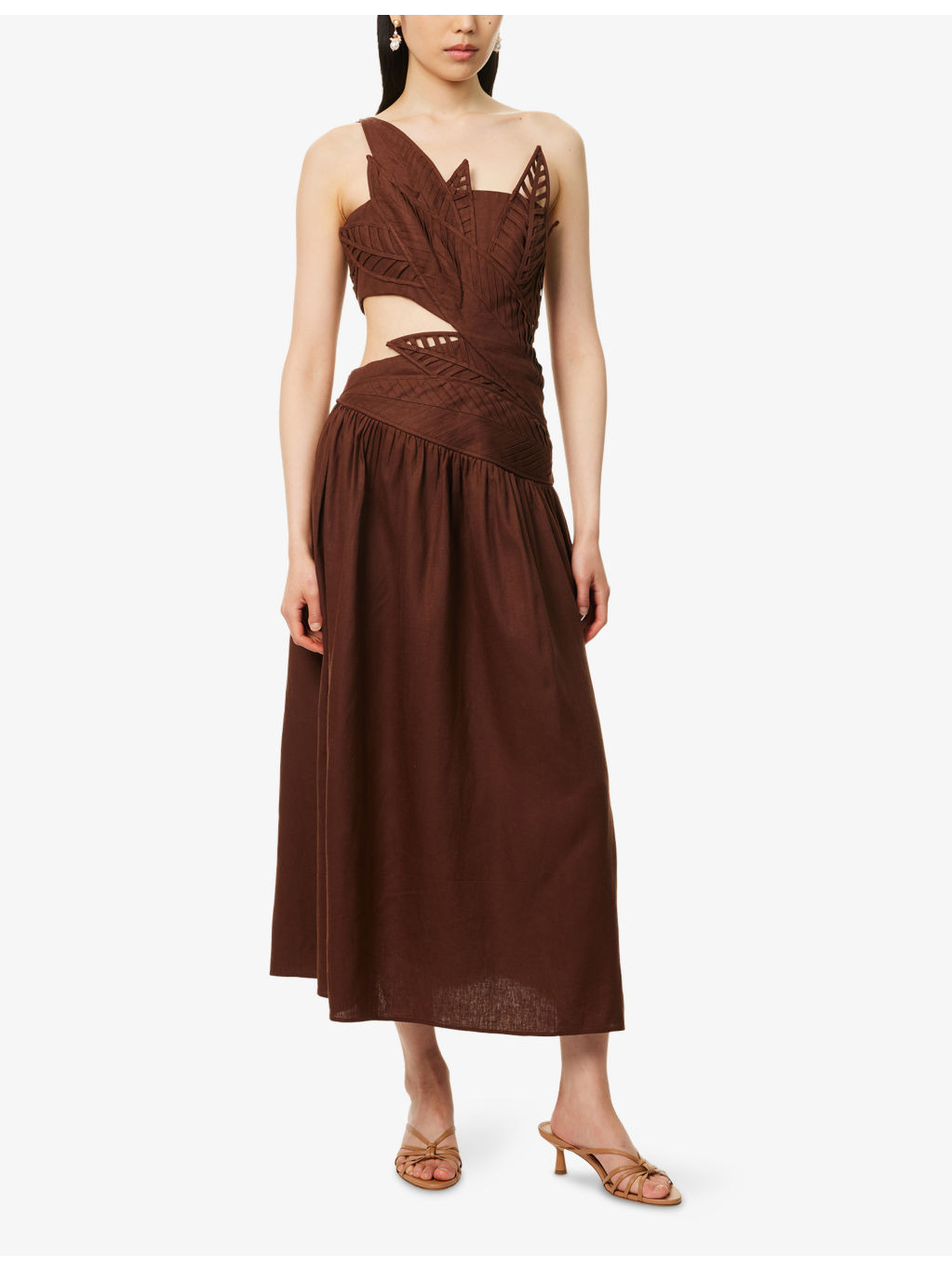 Leaves Cut-Out Linen-Blend Midi Dress - 3