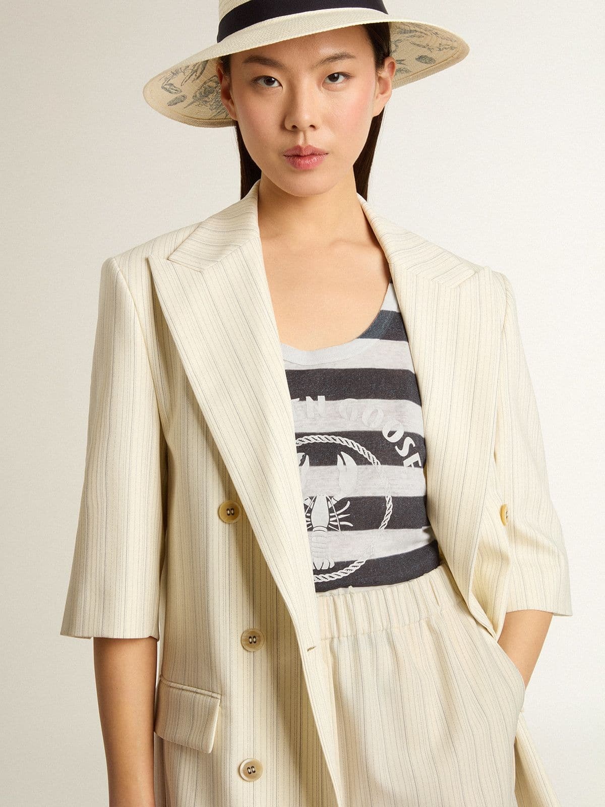 Women's white and blue striped linen jersey top with lobster print - 5