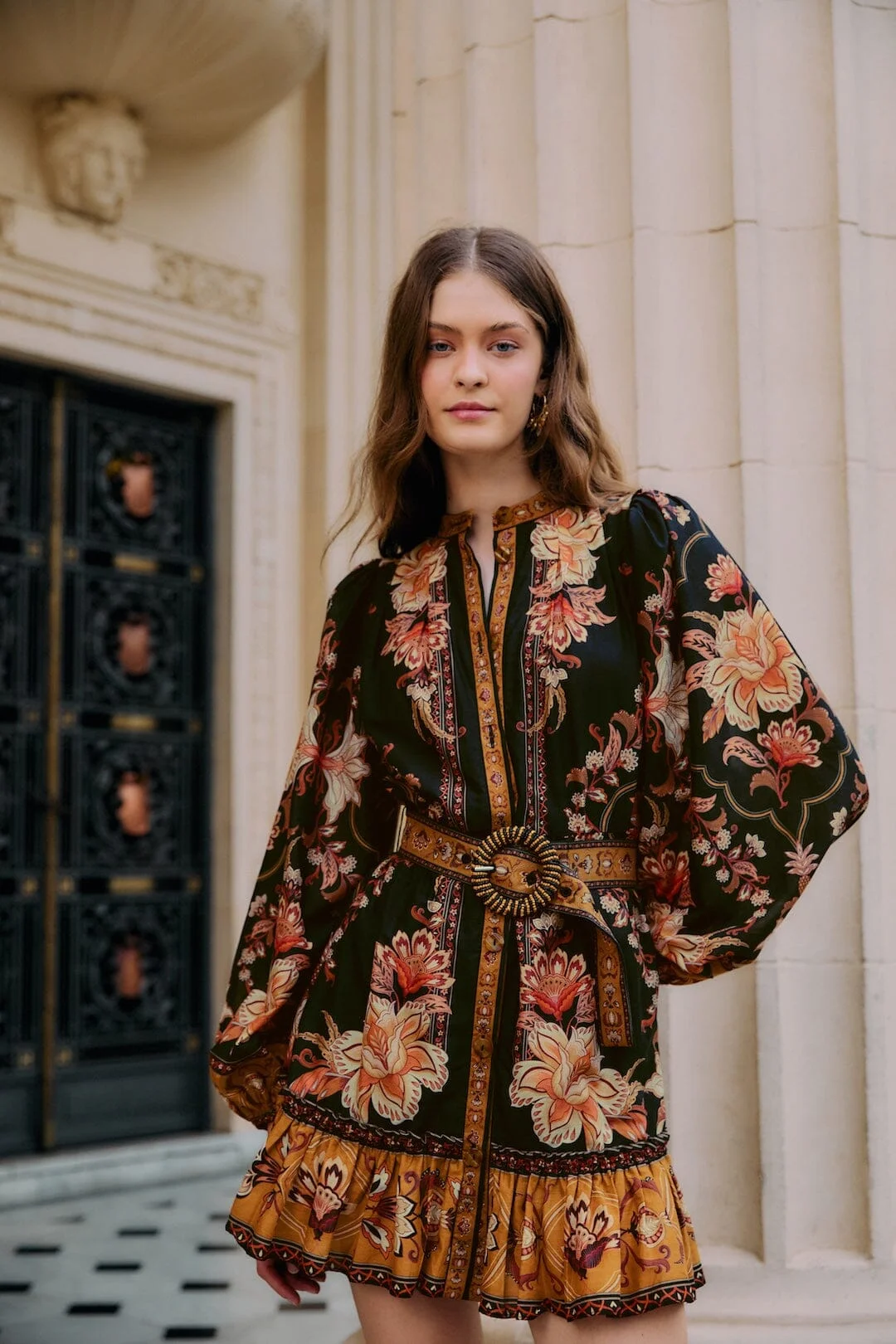 Black Majestic Garden Beaded Buckle Long Sleeve Mini Dress - 1