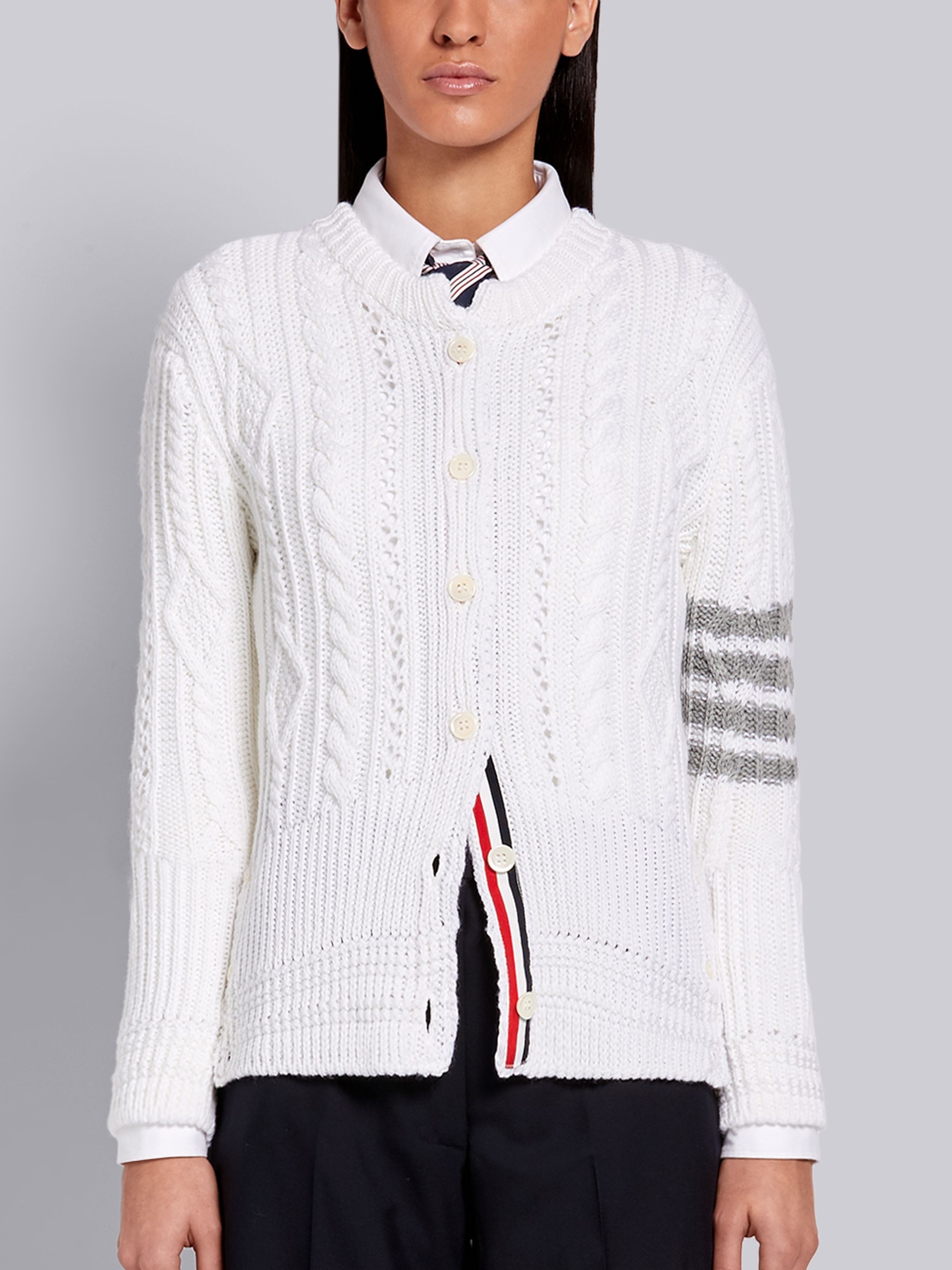 White Fine Merino Wool Aran Cable Classic Crewneck 4-Bar Cardigan - 1