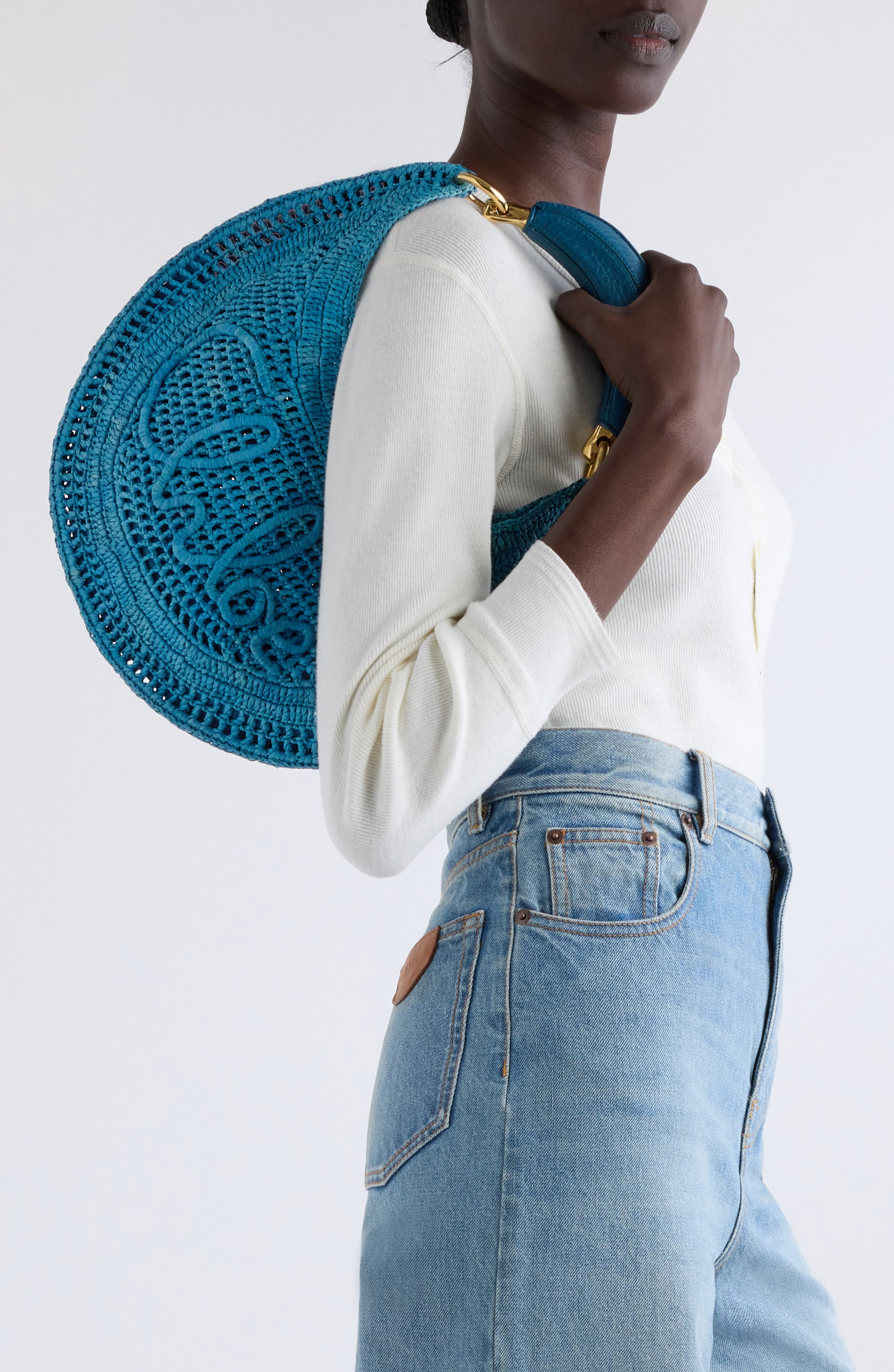 Chloé Summer Banana Crochet Raffia Hobo Bag in Stormy Sea at Nordstrom - 5