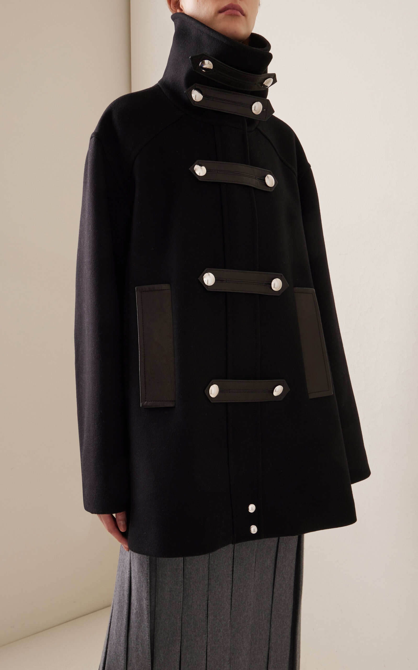 Melbo Leather-Trimmed Wool Coat black - 3