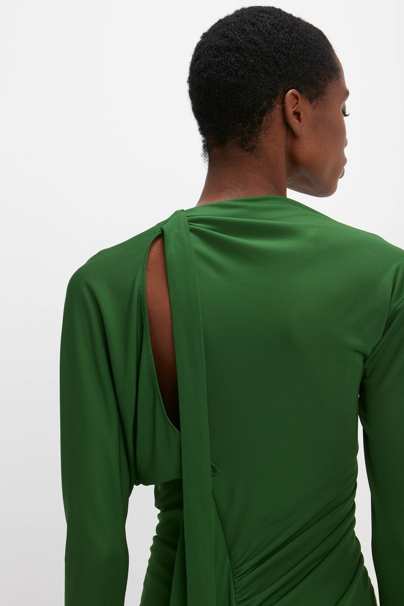 Asymmetric Ruched Midi Dress in Green 5