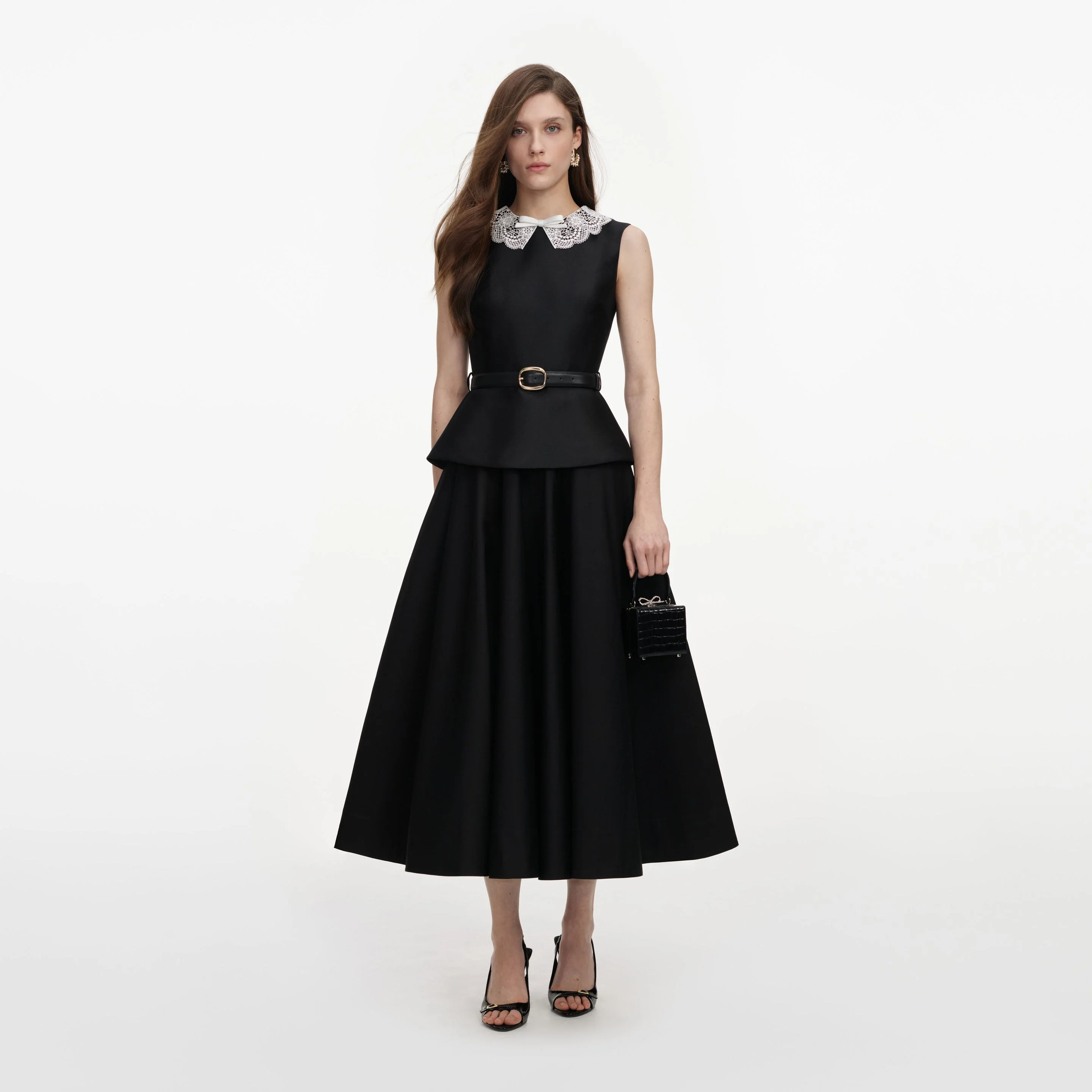 Black Taffeta Peplum Midi Dress - 1