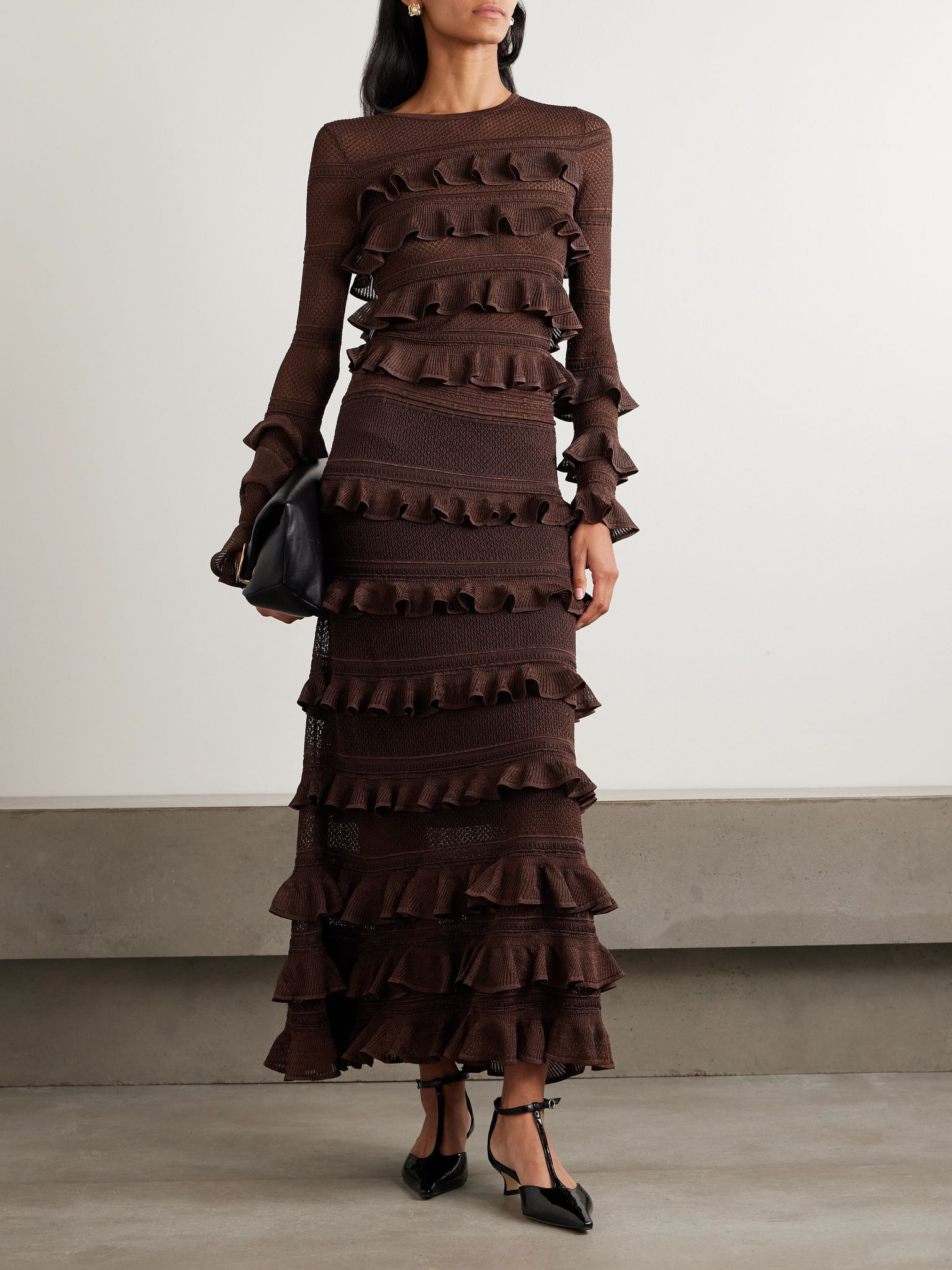 Ruffled metallic pointelle-knit top Chocolate - 2
