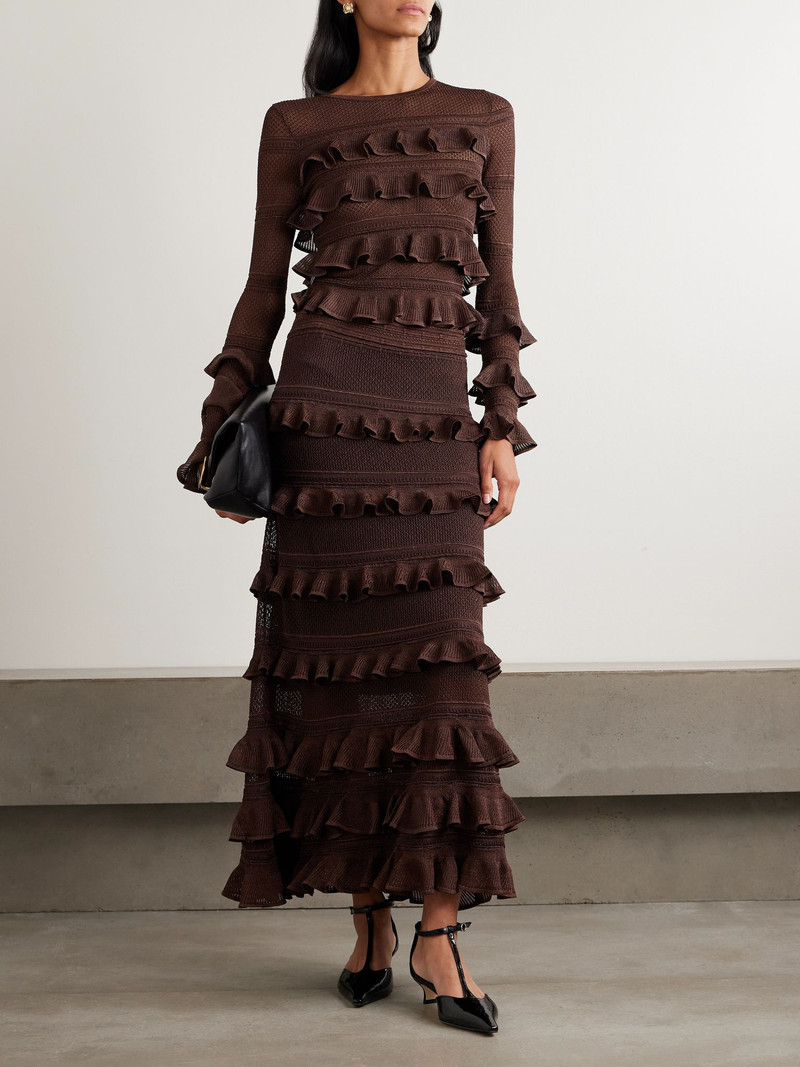 Zimmermann Ruffled metallic pointelle-knit top Chocolate outlook