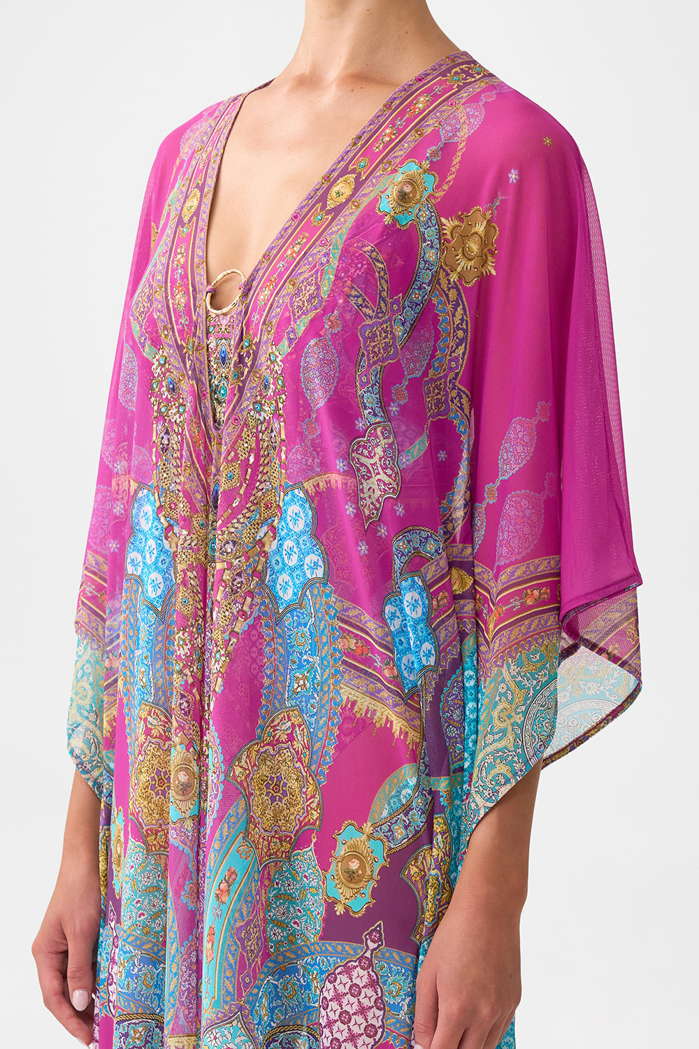 LONG V NECK KAFTAN WITH RING FRONT TRIM - 5