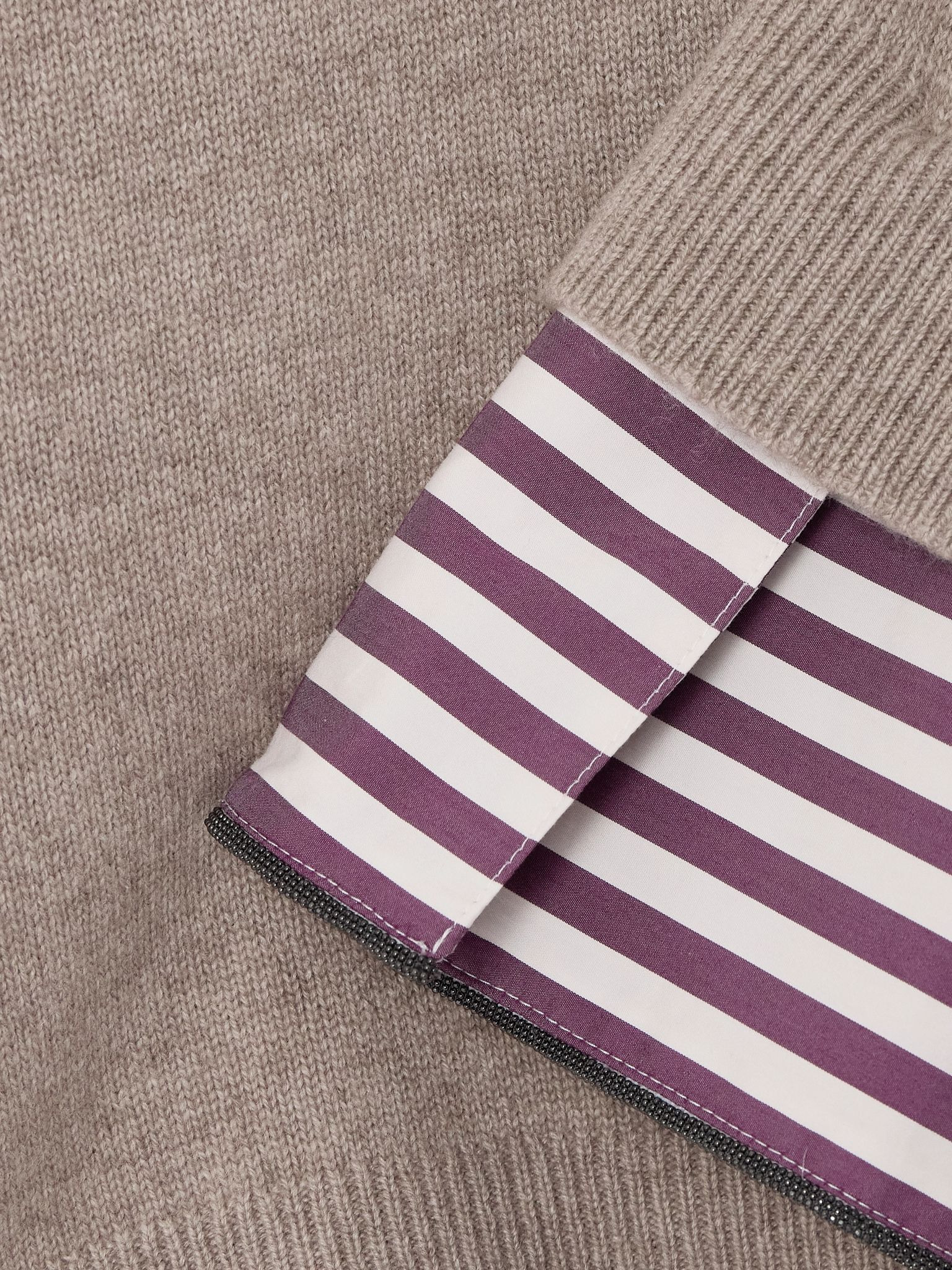 Striped poplin-trimmed cashmere turtleneck sweater Beige - 5