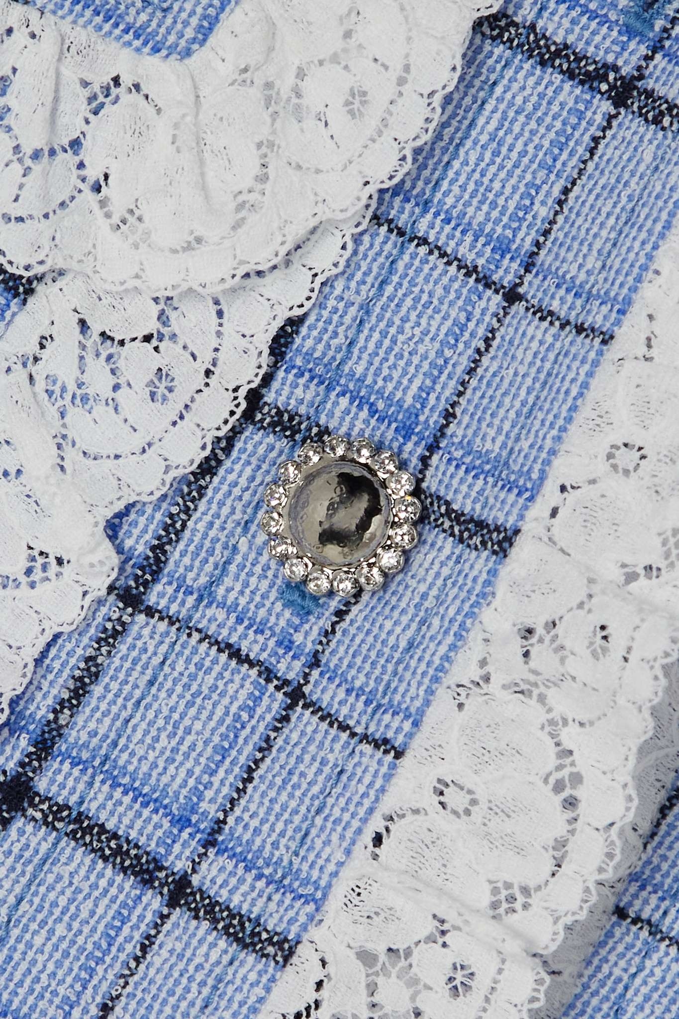 Cropped lace-trimmed checked wool-blend tweed jacket - 4