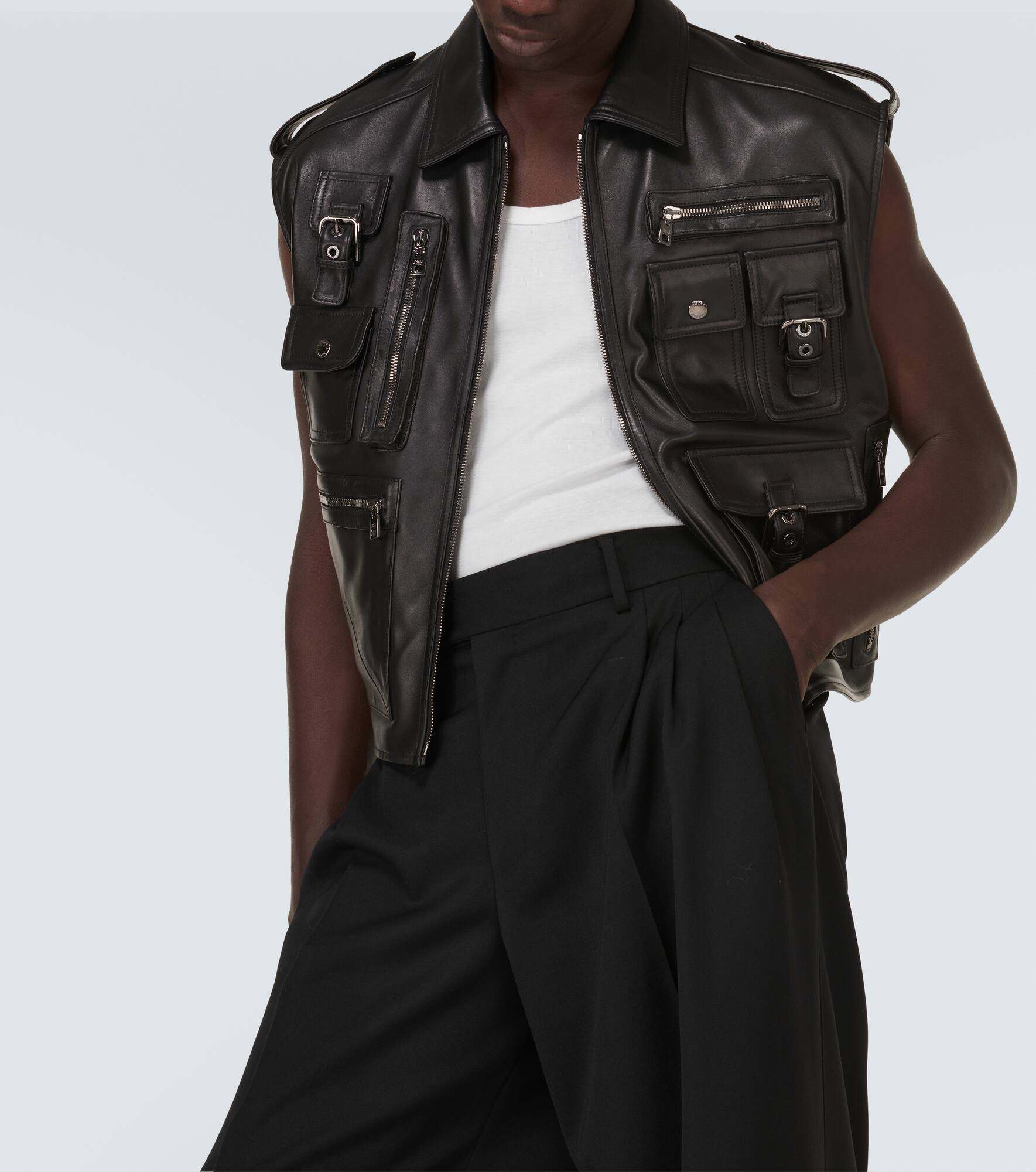 Pocket-detail sleeveless leather jacket - 6