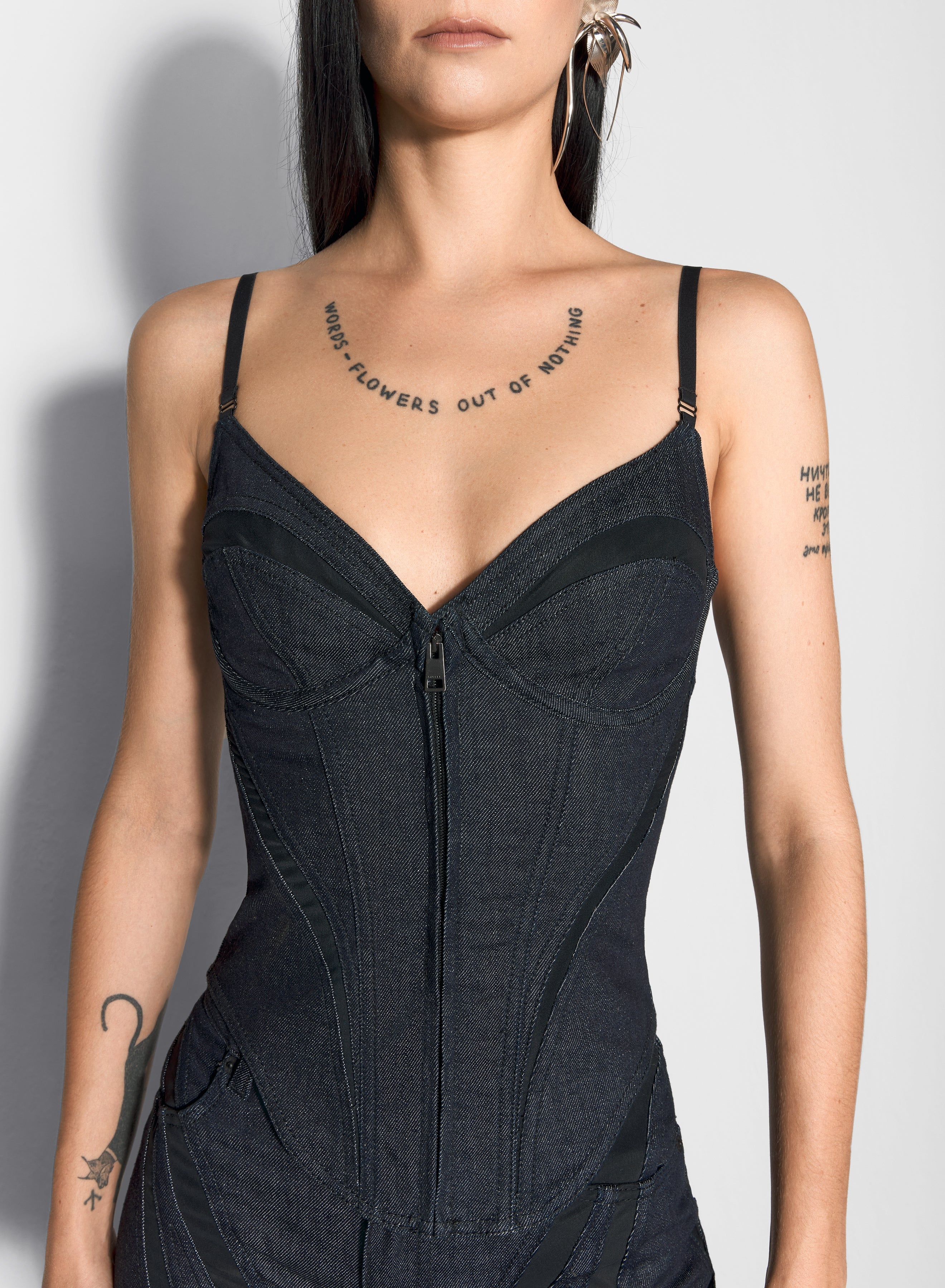 black mesh corseted raw denim top - 3