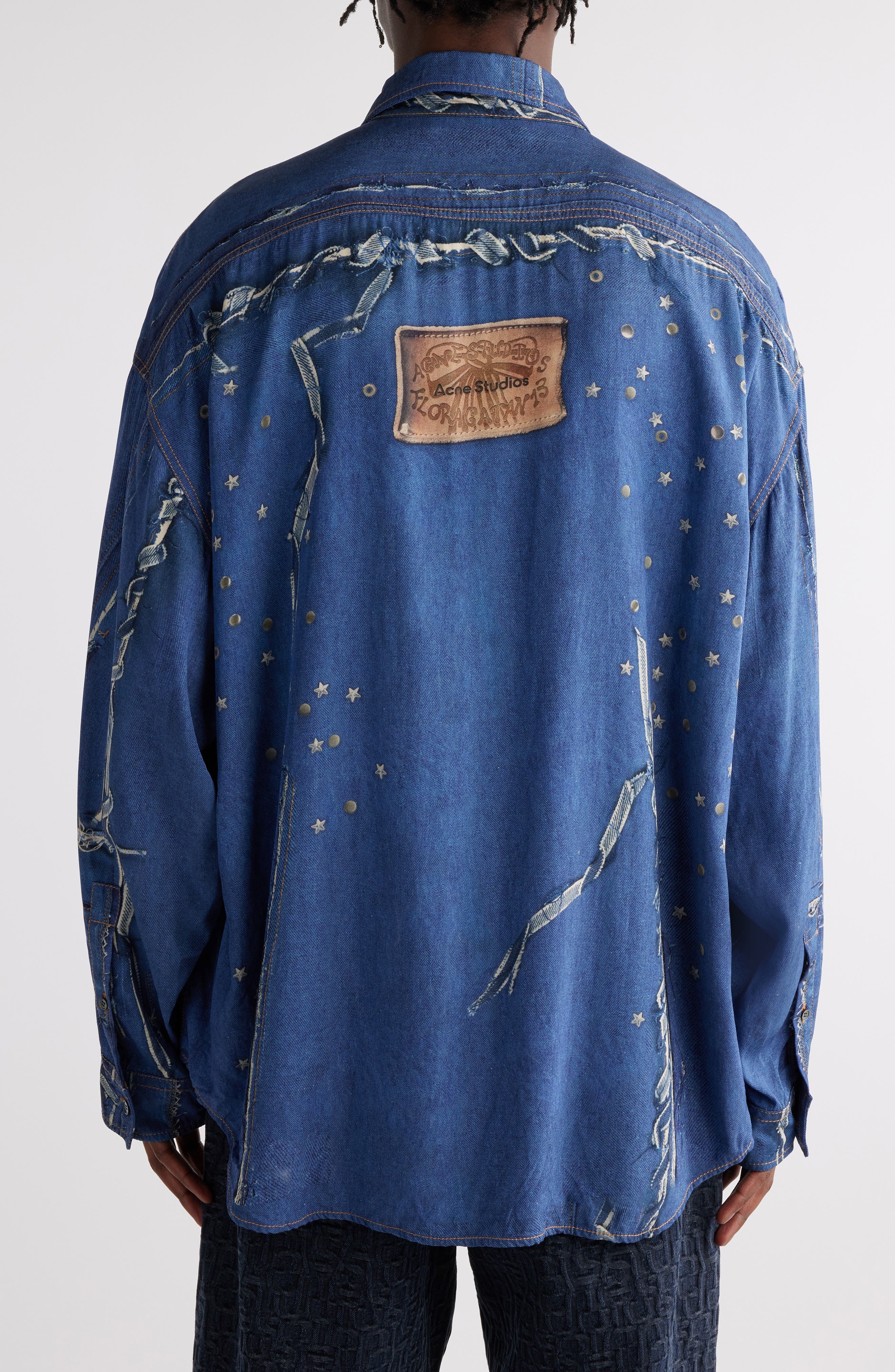 Acne Studios Trompe l'Oeil Repaired & Embellished Button-Up Shirt in Navy Multi at Nordstrom - 3