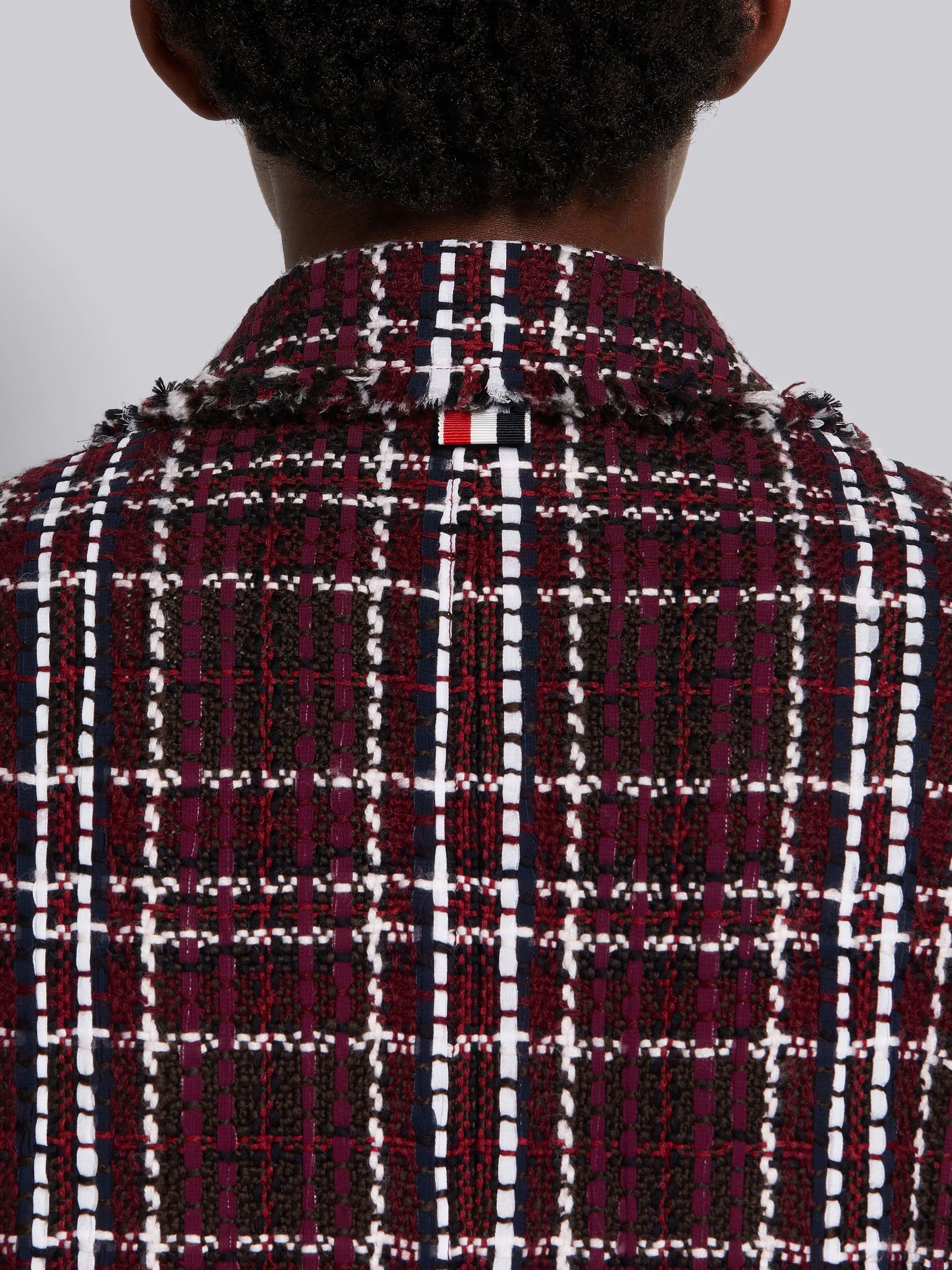 Burgundy Tartan Check Tweed Oversized Double Breasted Sack Jacket - 4