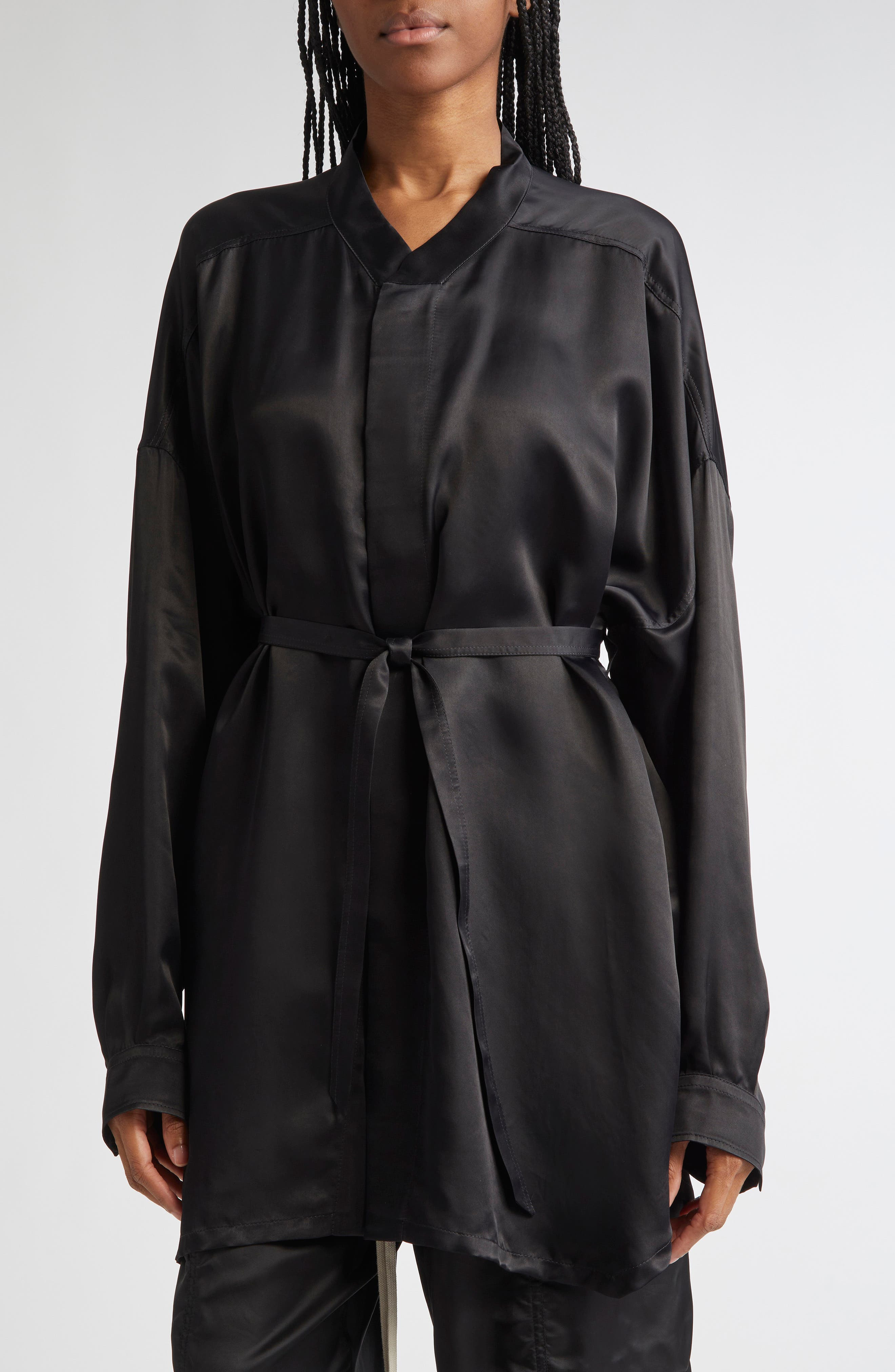 Rick Owens Long Sleeve Belted Satin Minidress in Black at Nordstrom - 3