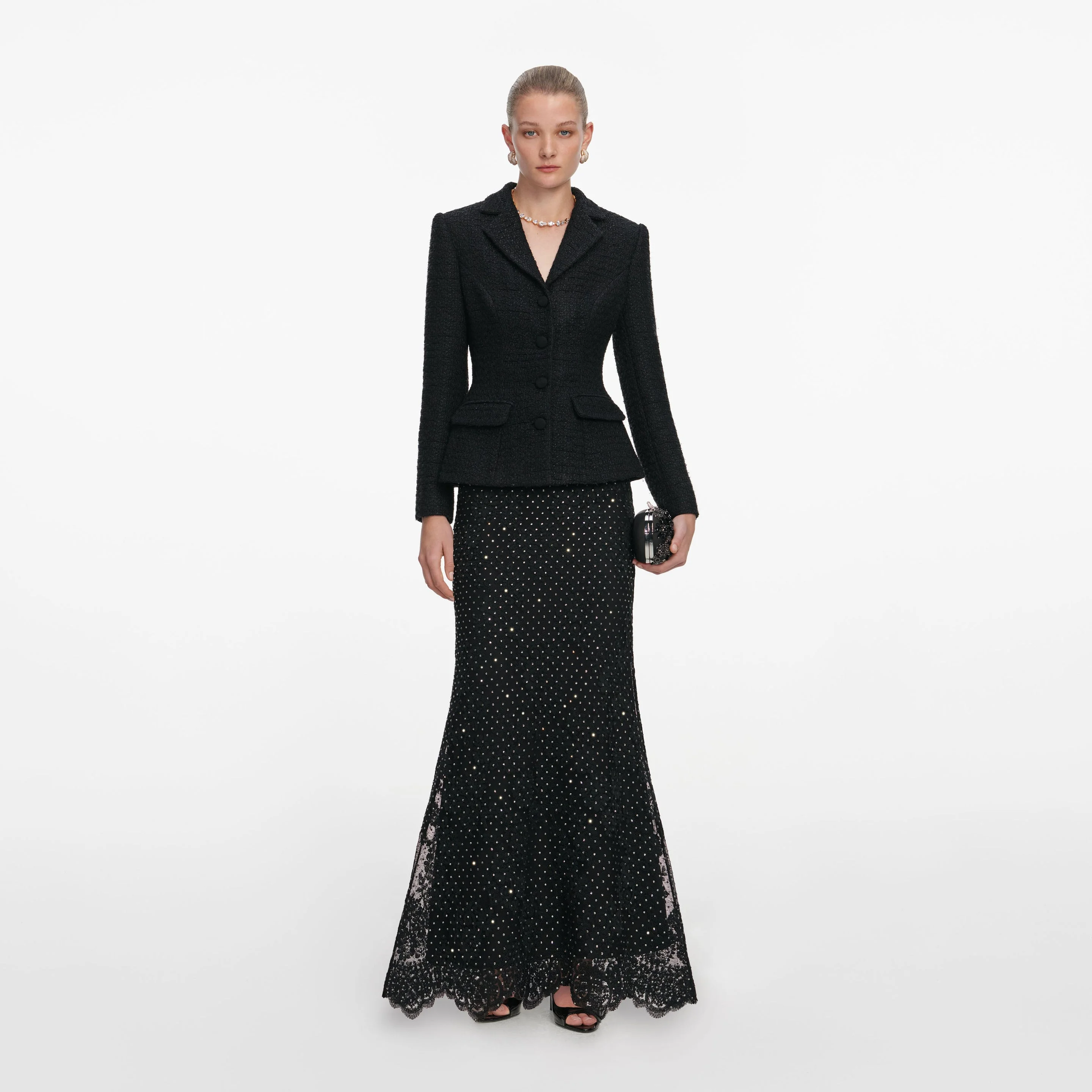 Black Boucle Rhinestone Lace Maxi Dress - 1