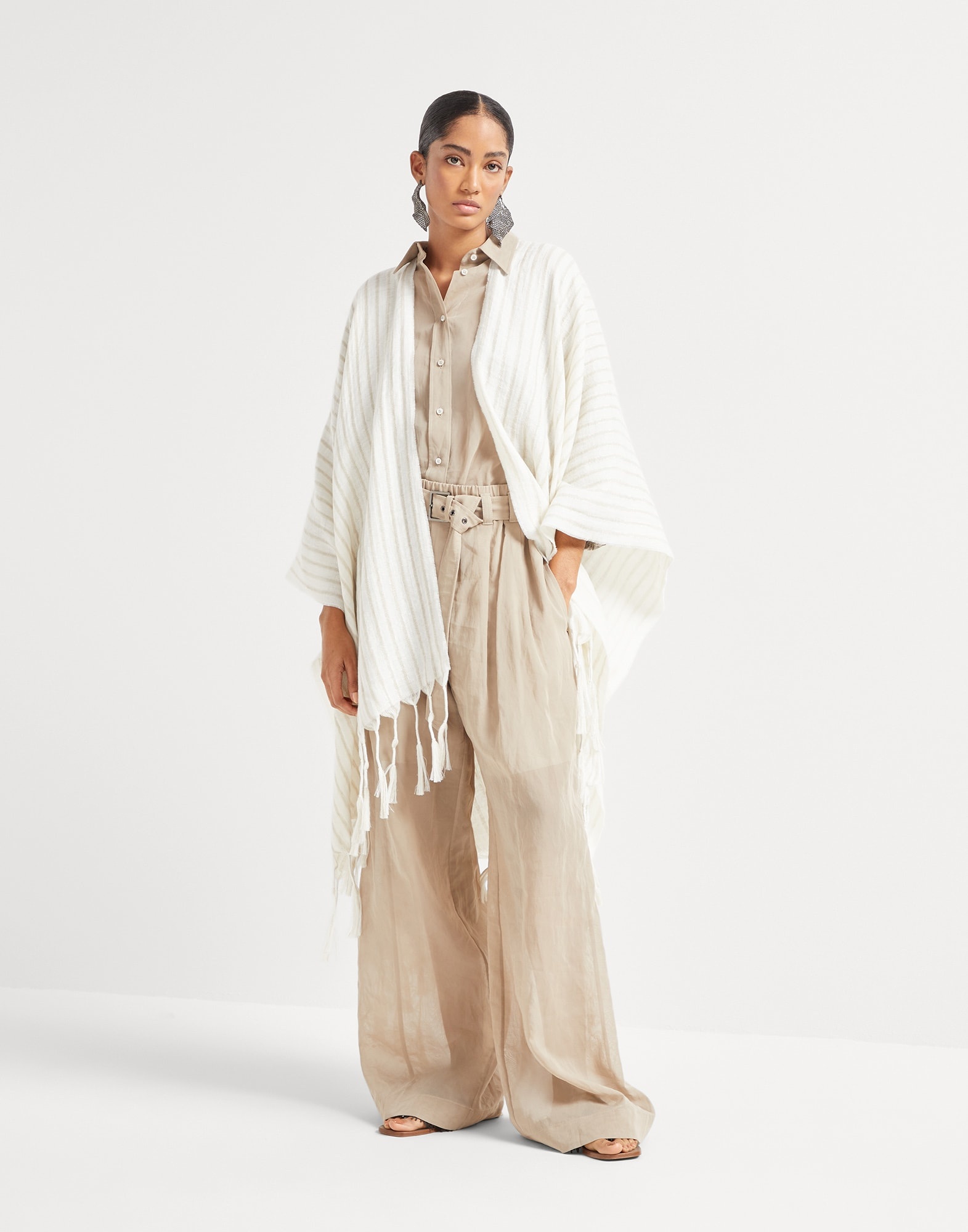 Sparkling striped wool and linen double knit poncho - 5