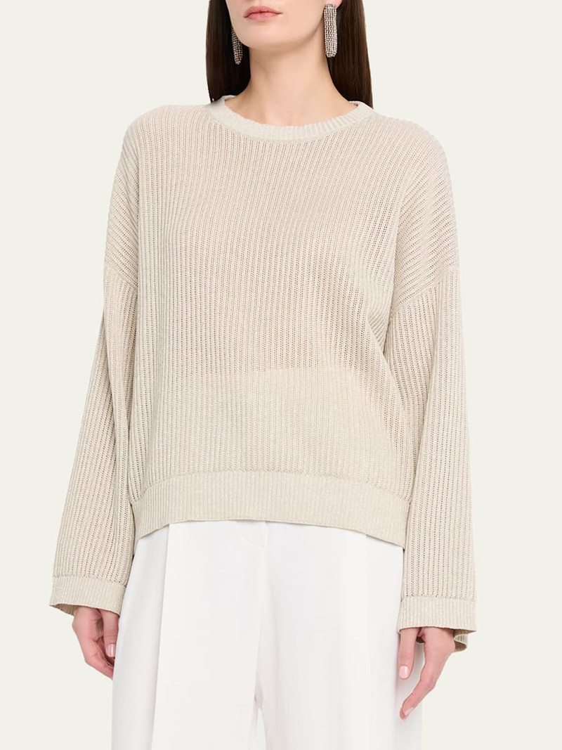 Metallic Openwork Cotton Rib Crewneck Sweater 4