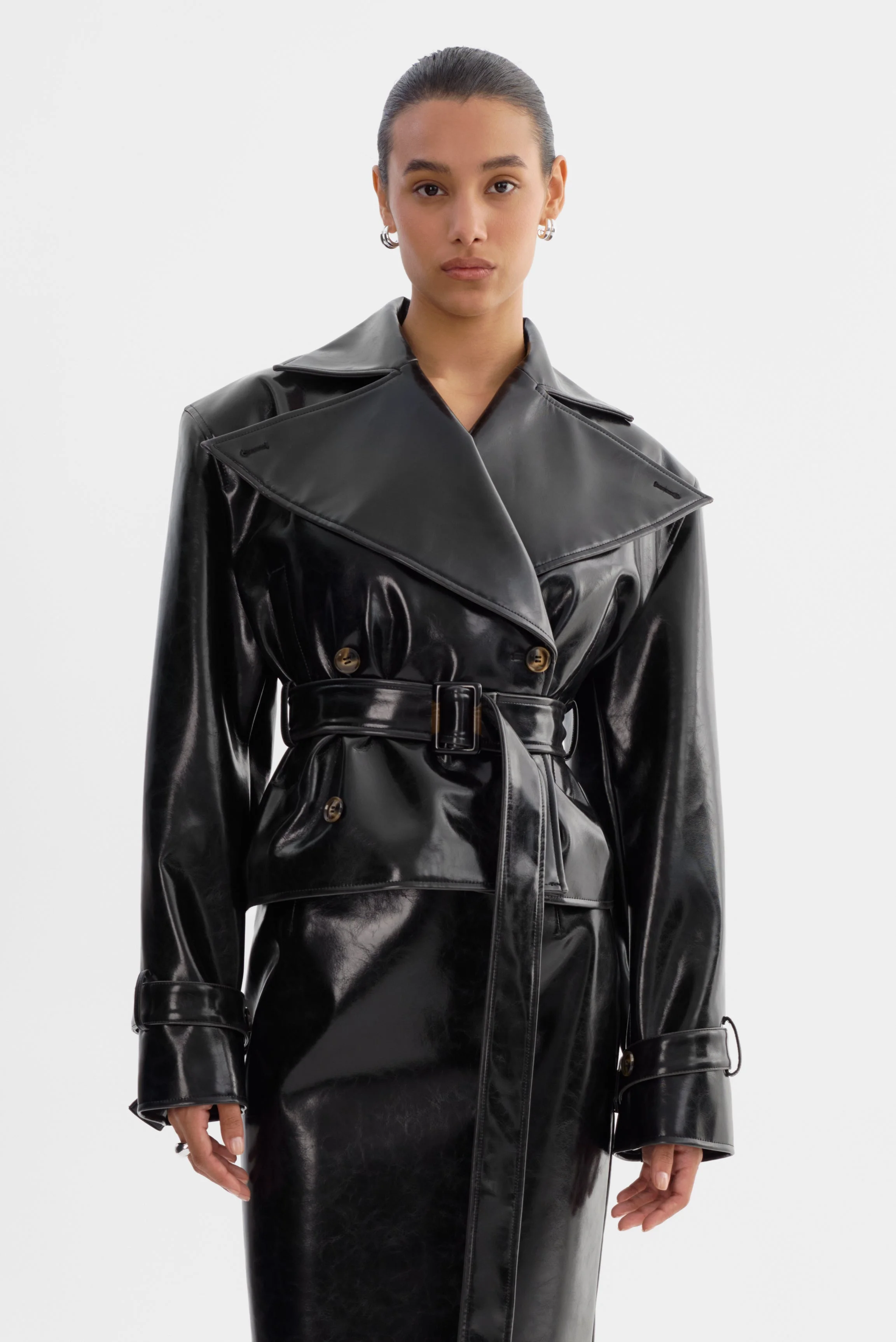 DELANIA | Faux Patent Leather Trench Coat - 1