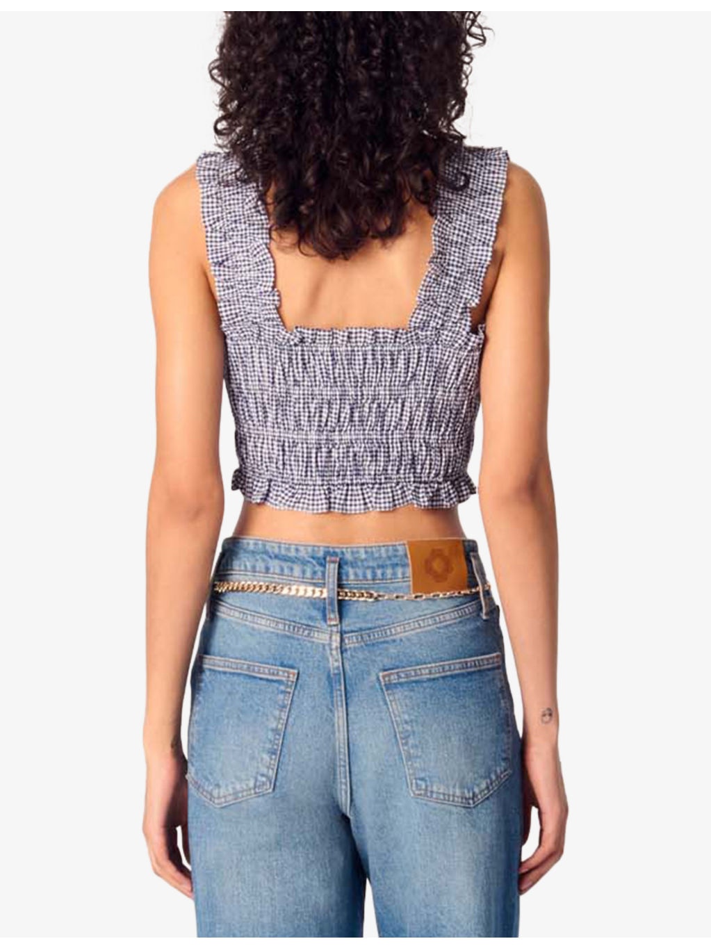 Gingham-Print Sleeveless Smocked Crop Top - 4