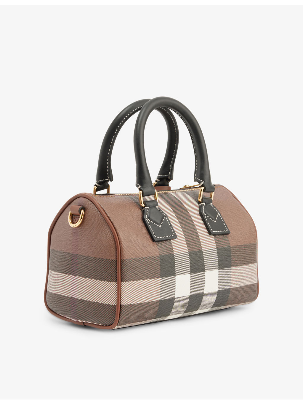 Check-print mini woven and leather top-handle bowling bag - 3