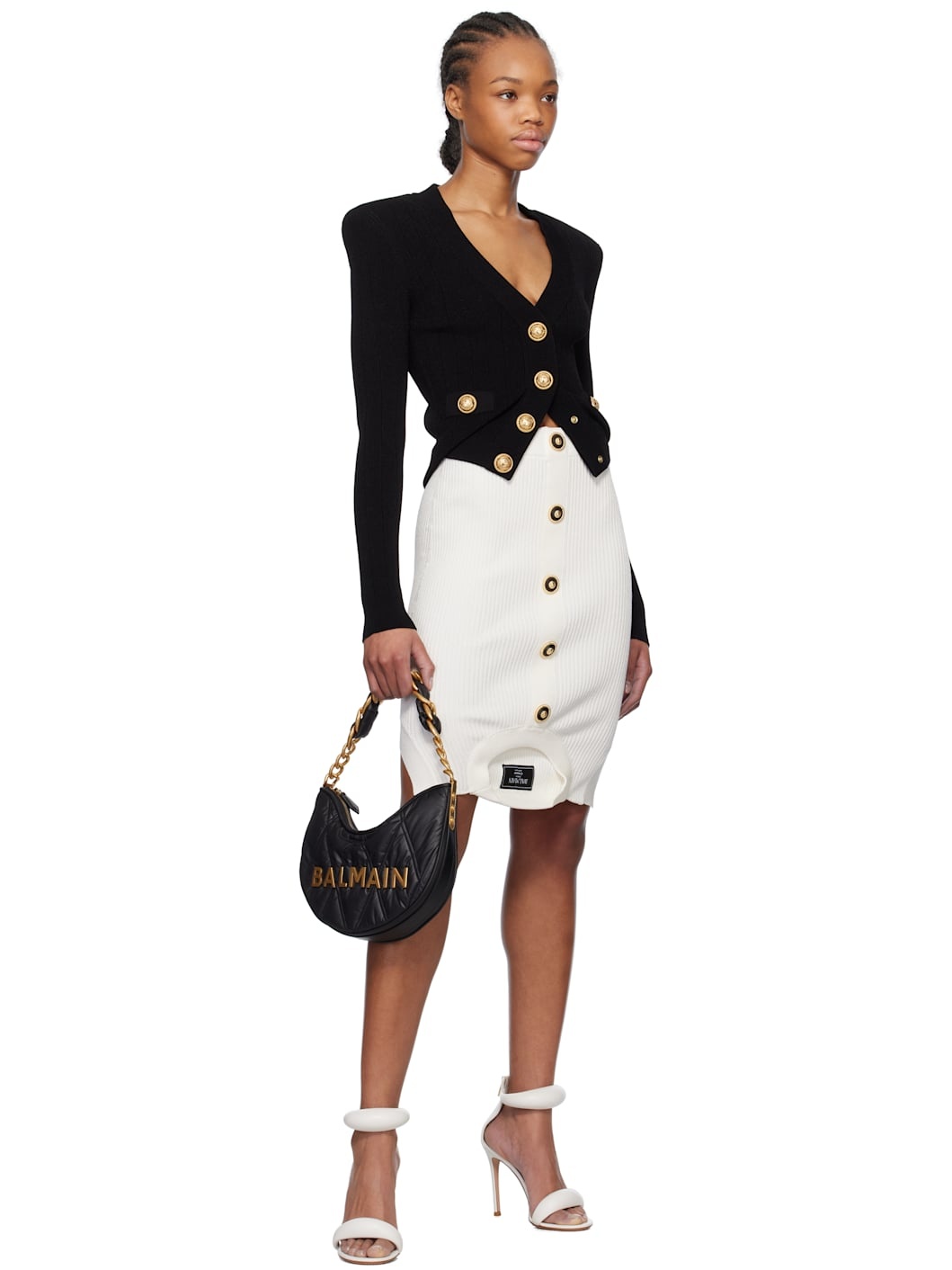 White Optical Illusion Ribbed Knit Miniskirt - 4