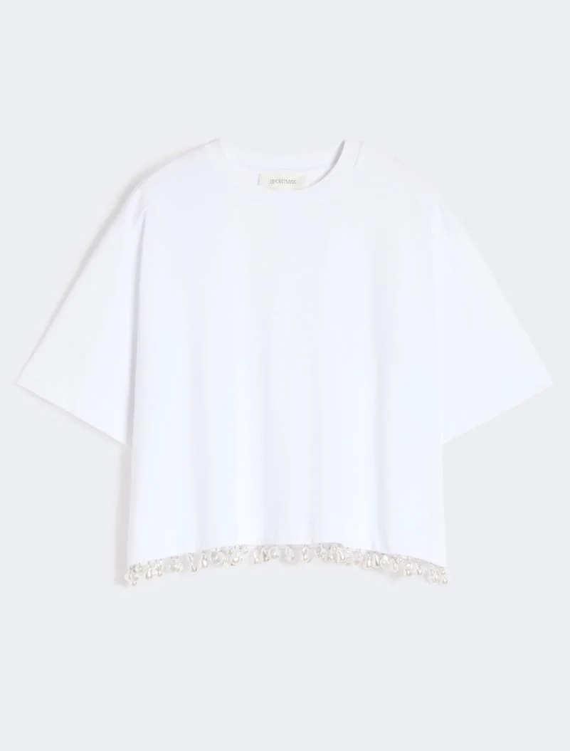 Pearl-embroidered cropped T-shirt - optical white - 1