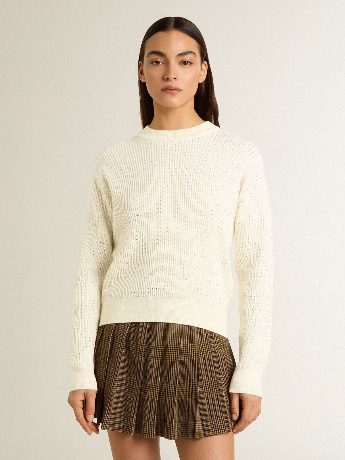 Women's crew-neck sweater in white merino wool with all-over crystals - 2