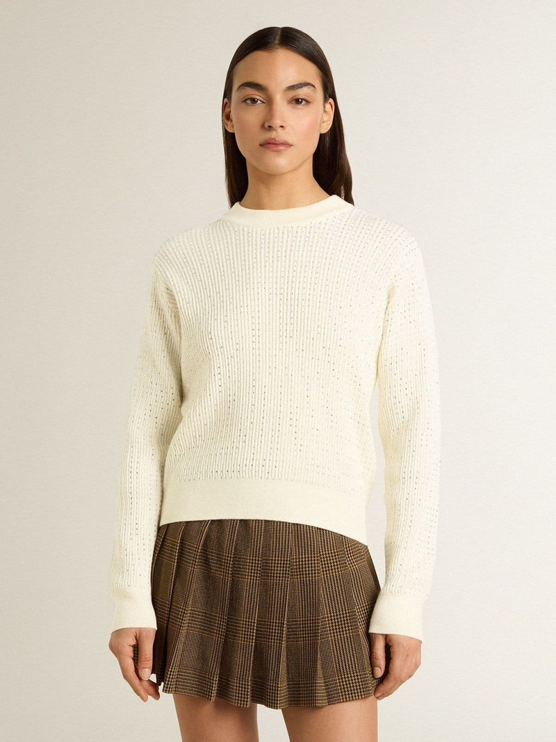 Golden Goose Women's crew-neck sweater in white merino wool with all-over crystals outlook