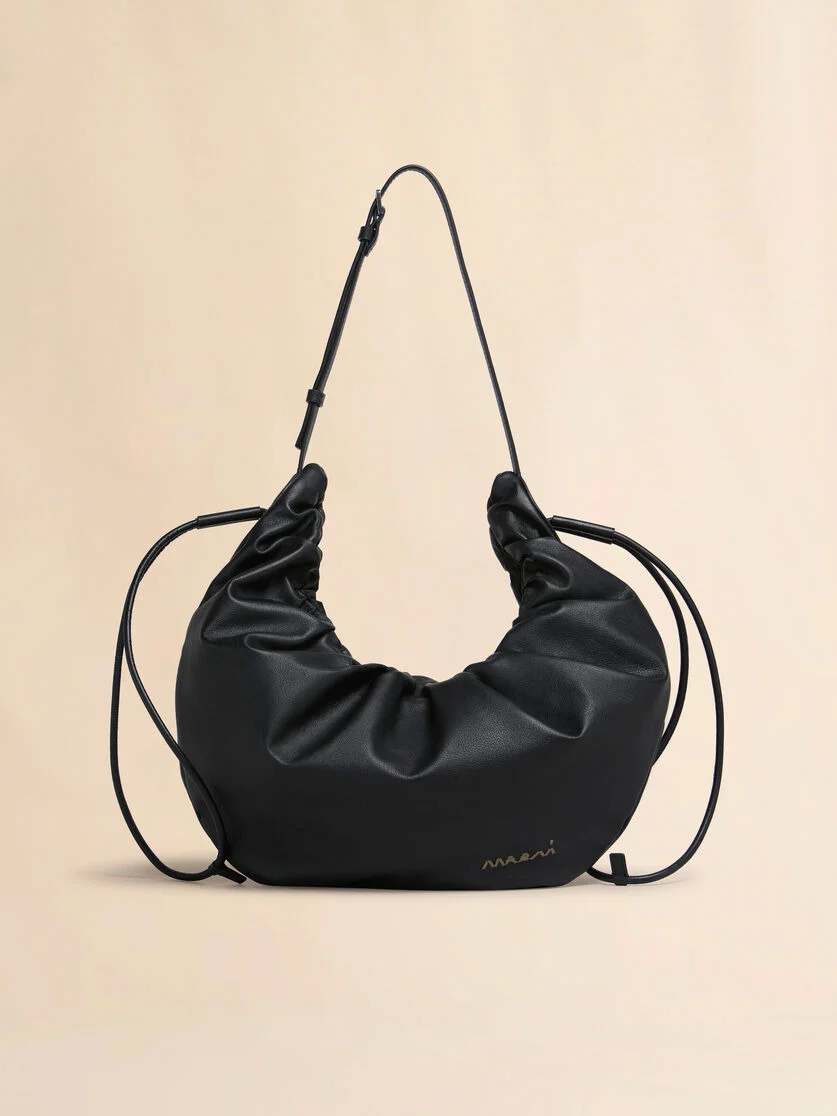 BLACK LEATHER SCRUNCHIE SMALL HOBO BAG - 1
