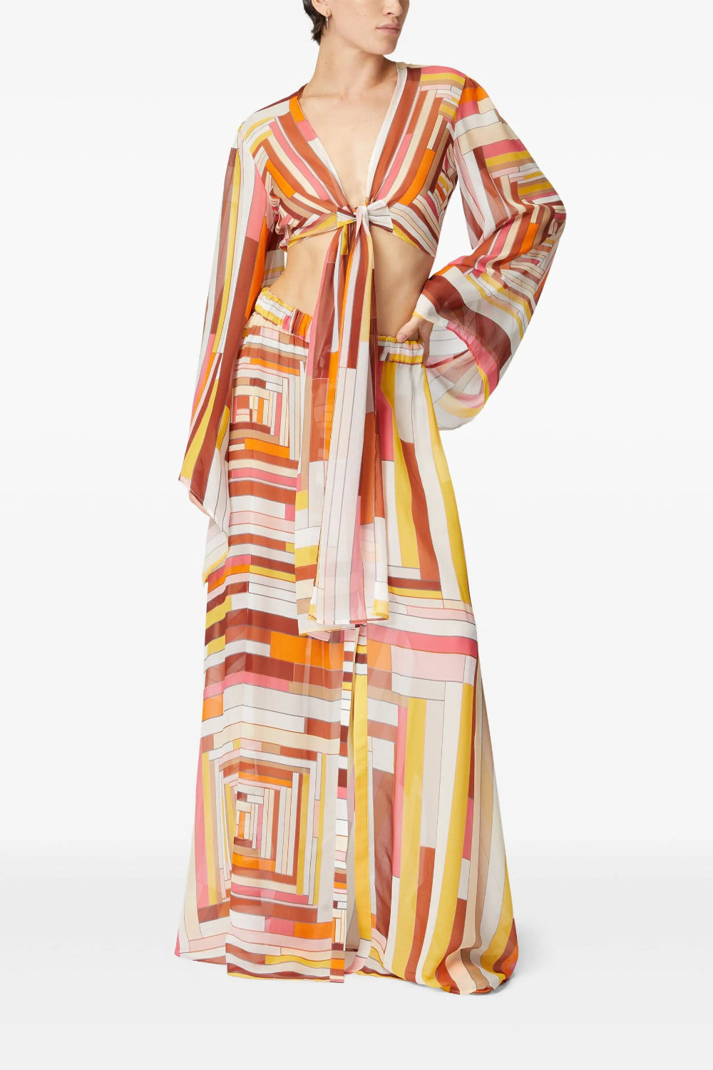 Long Covered Up Skirt in Printed Silk with Front Closure - 2