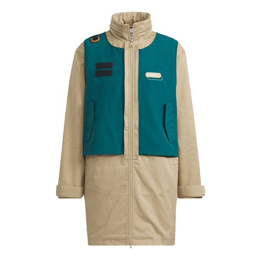 Men's adidas originals Mr Parka Detachable Contrasting Colors Vest Mid-Length Hooded logo Jacket Kha - 1