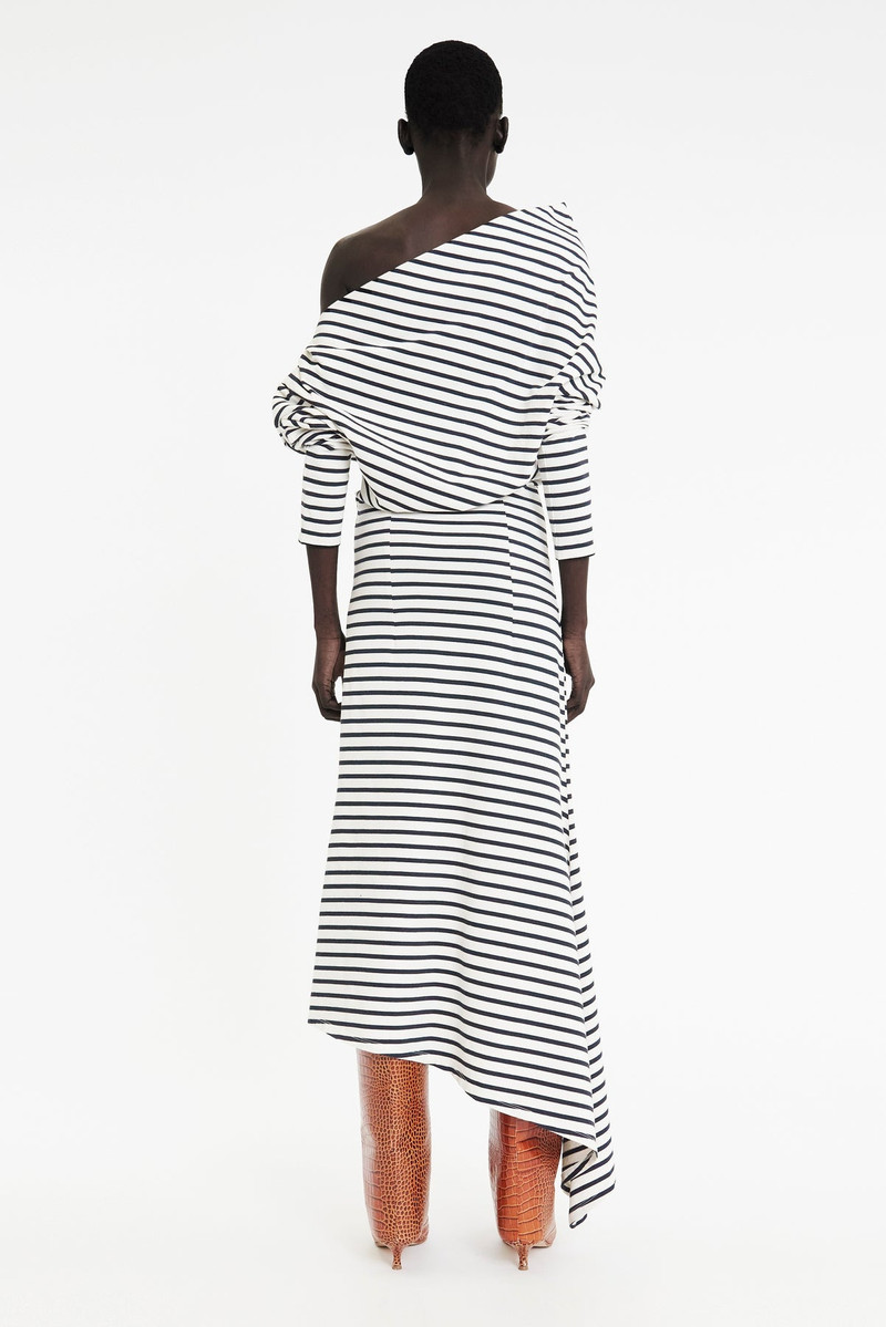 OFF SHOULDER ASYMMETRIC DRESS WHITE NAVY STRIPE 2