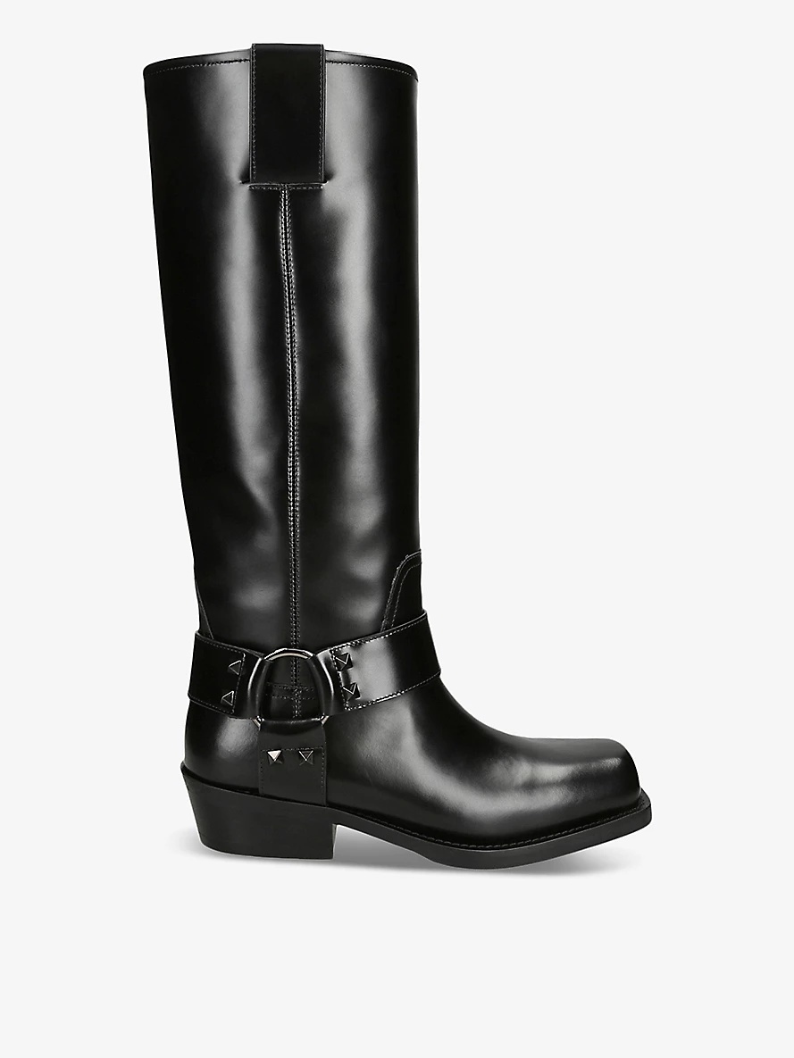 Rockstud leather knee-high biker boots - 1