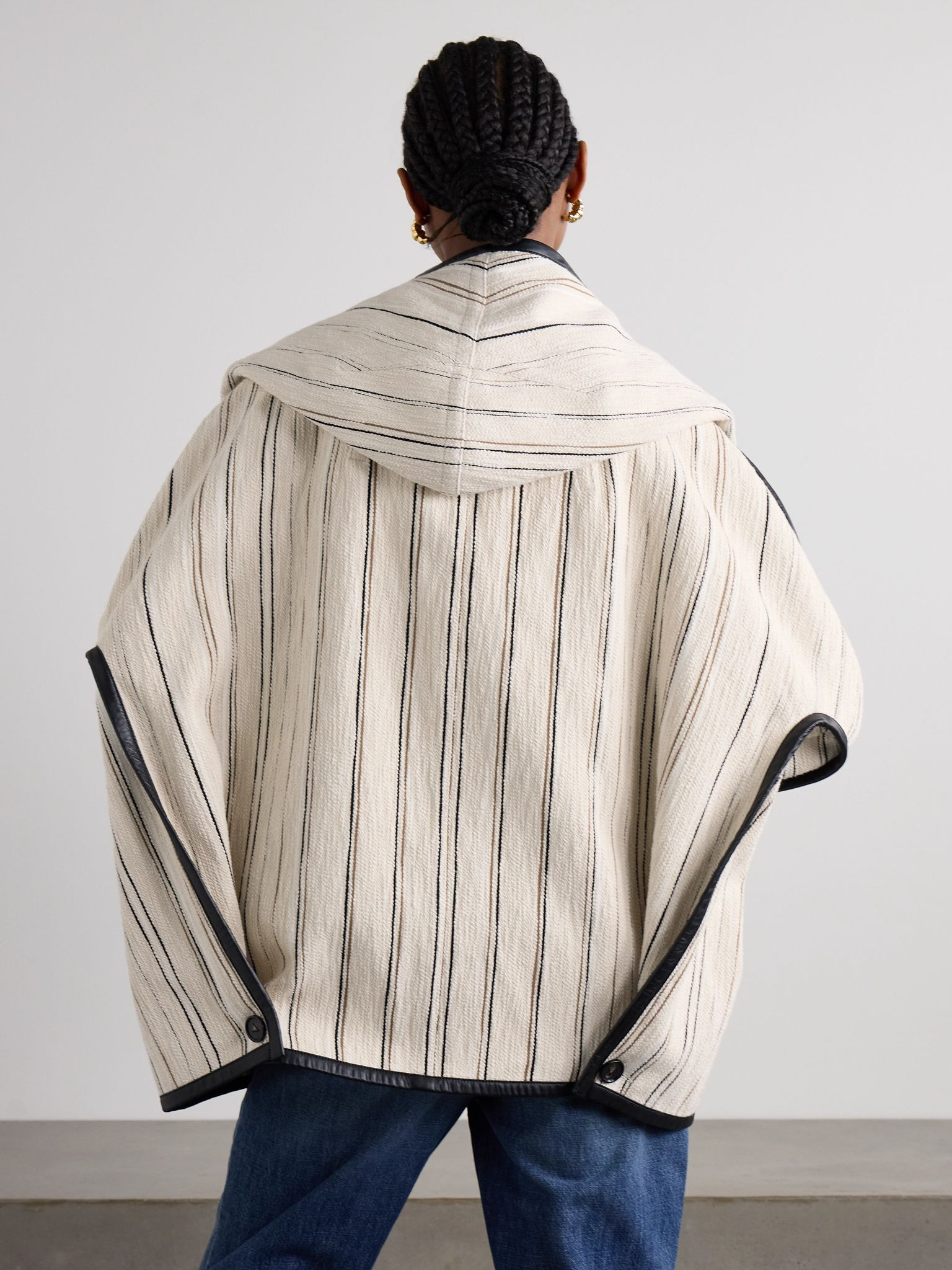 Oversized leather-trimmed striped cotton-blend bouclé coat Off-white - 3