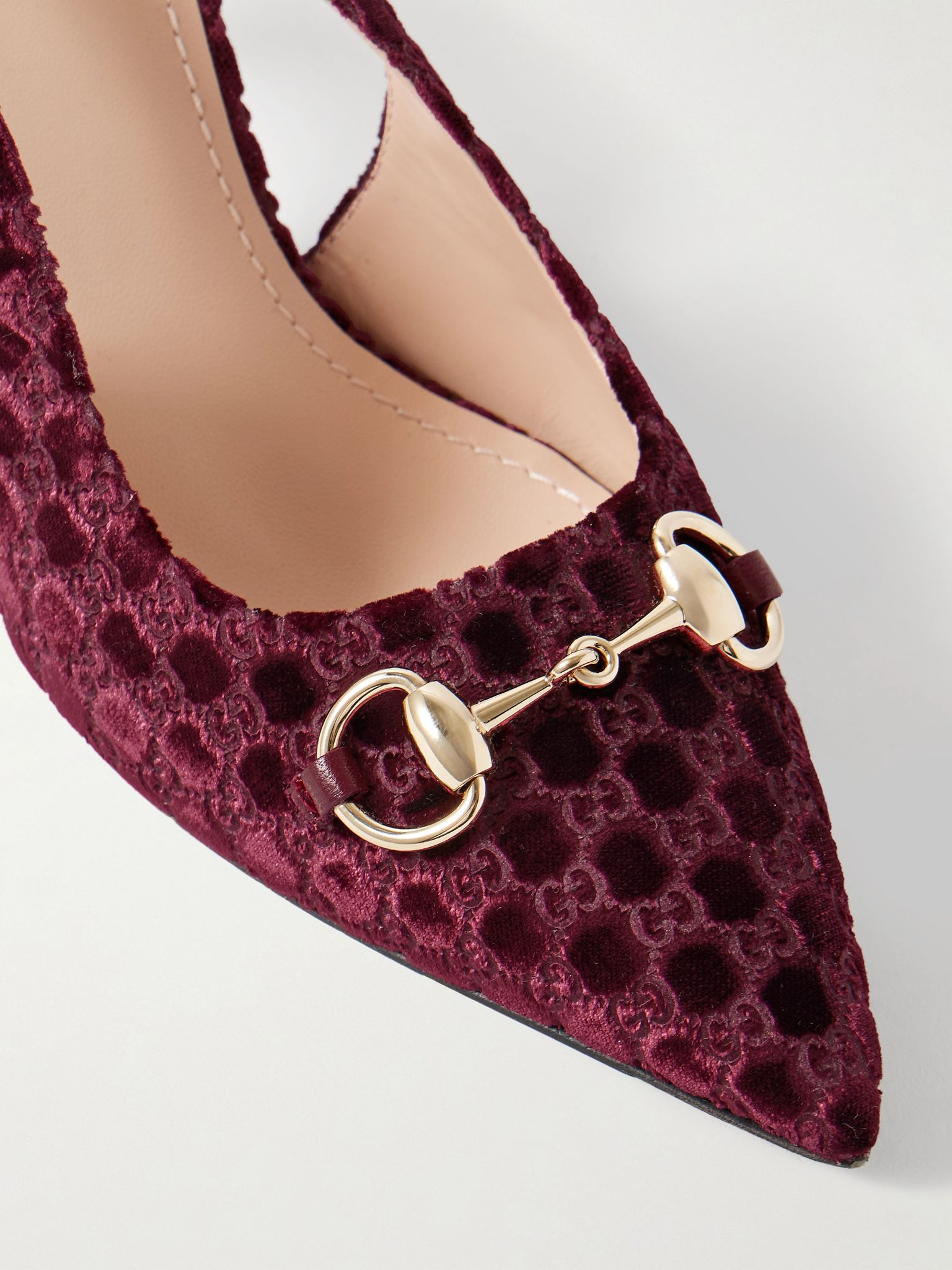 Erin horsebit-embellished devoré-velvet slingback pumps Burgundy - 4