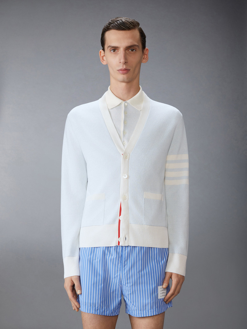 Thom Browne TEXTURED STRIPED STITCH 4-BAR RELAXED FIT V NECK CARDIGAN outlook