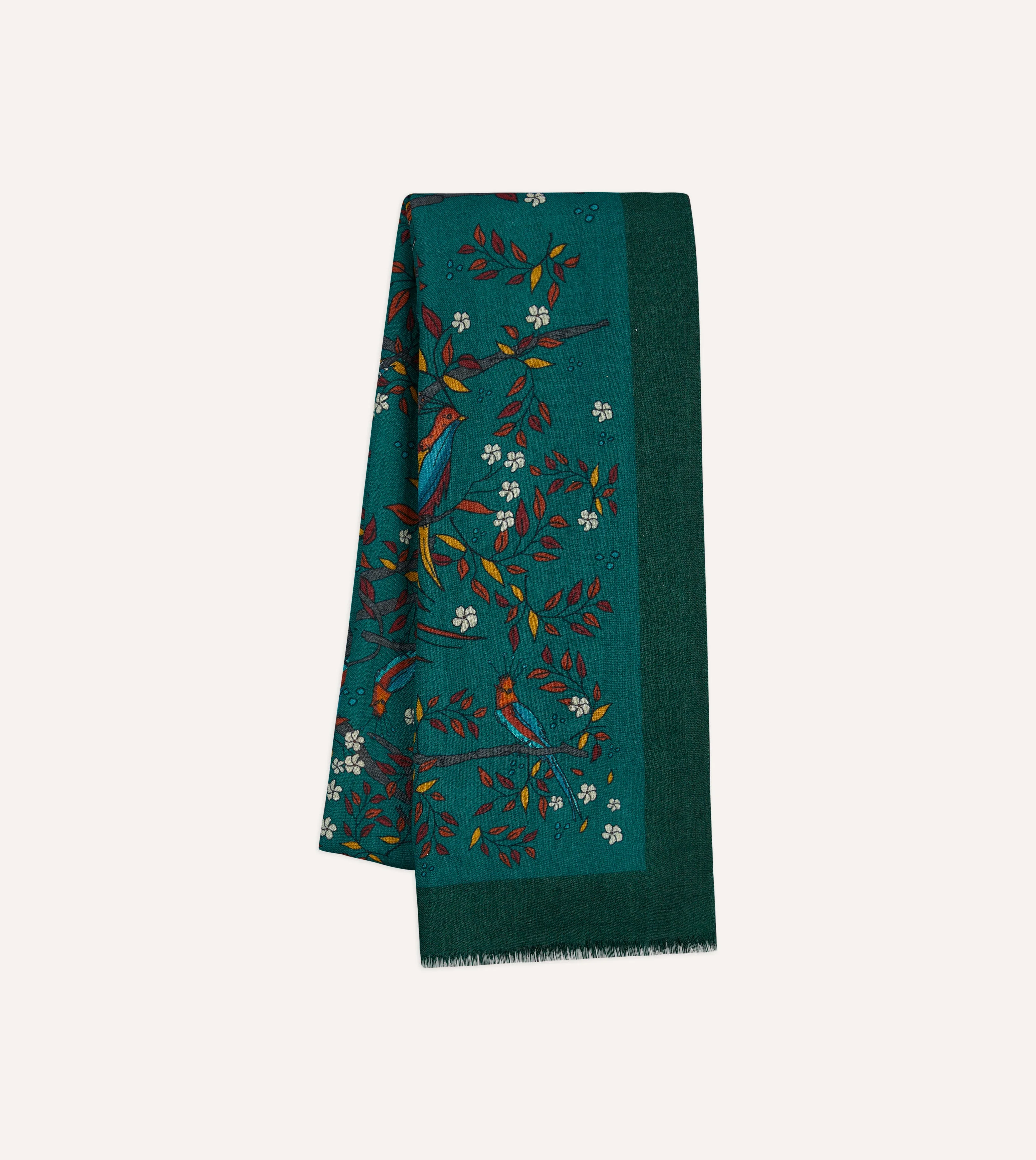 Green Birds of Paradise Print Wool Scarf - 1