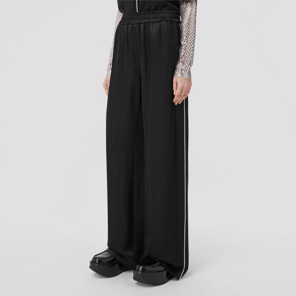 Crystal Stripe Silk Satin Blend Wide-leg Trousers - 5