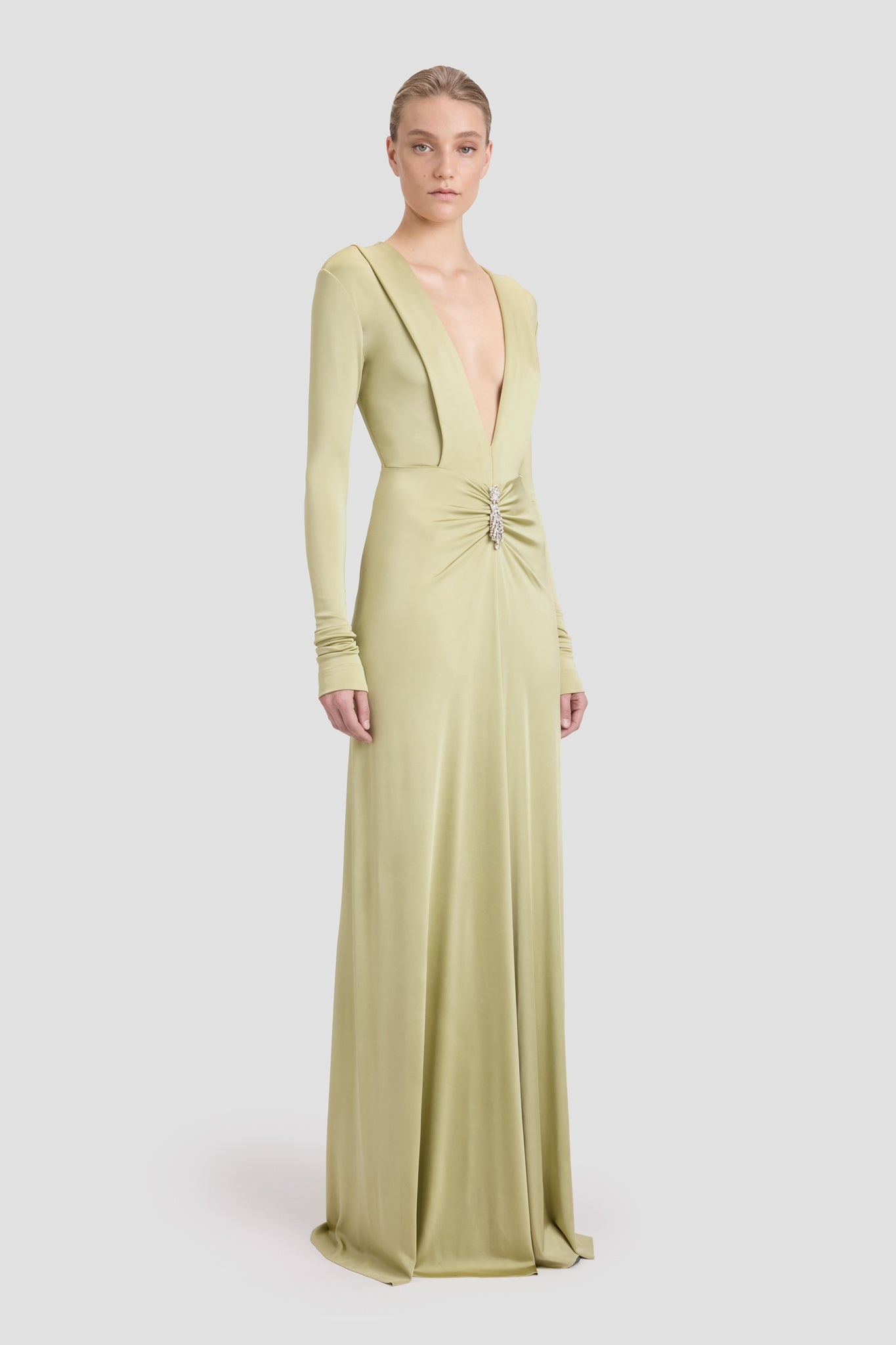 Embellished Long Sleeve Deep V-Neck Gown In Pistachio - 4