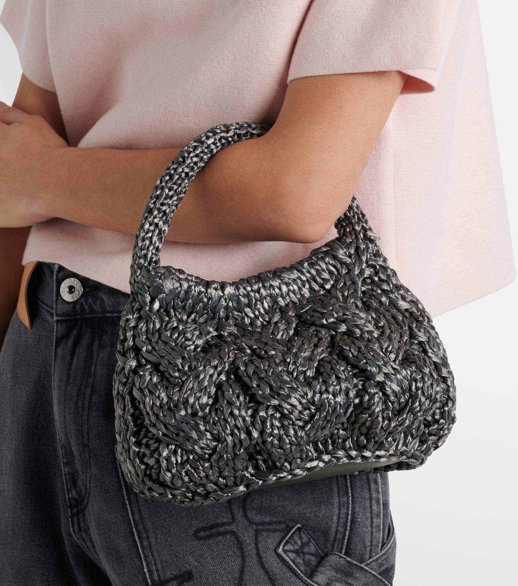 Cable Knit Small raffia tote bag - 2