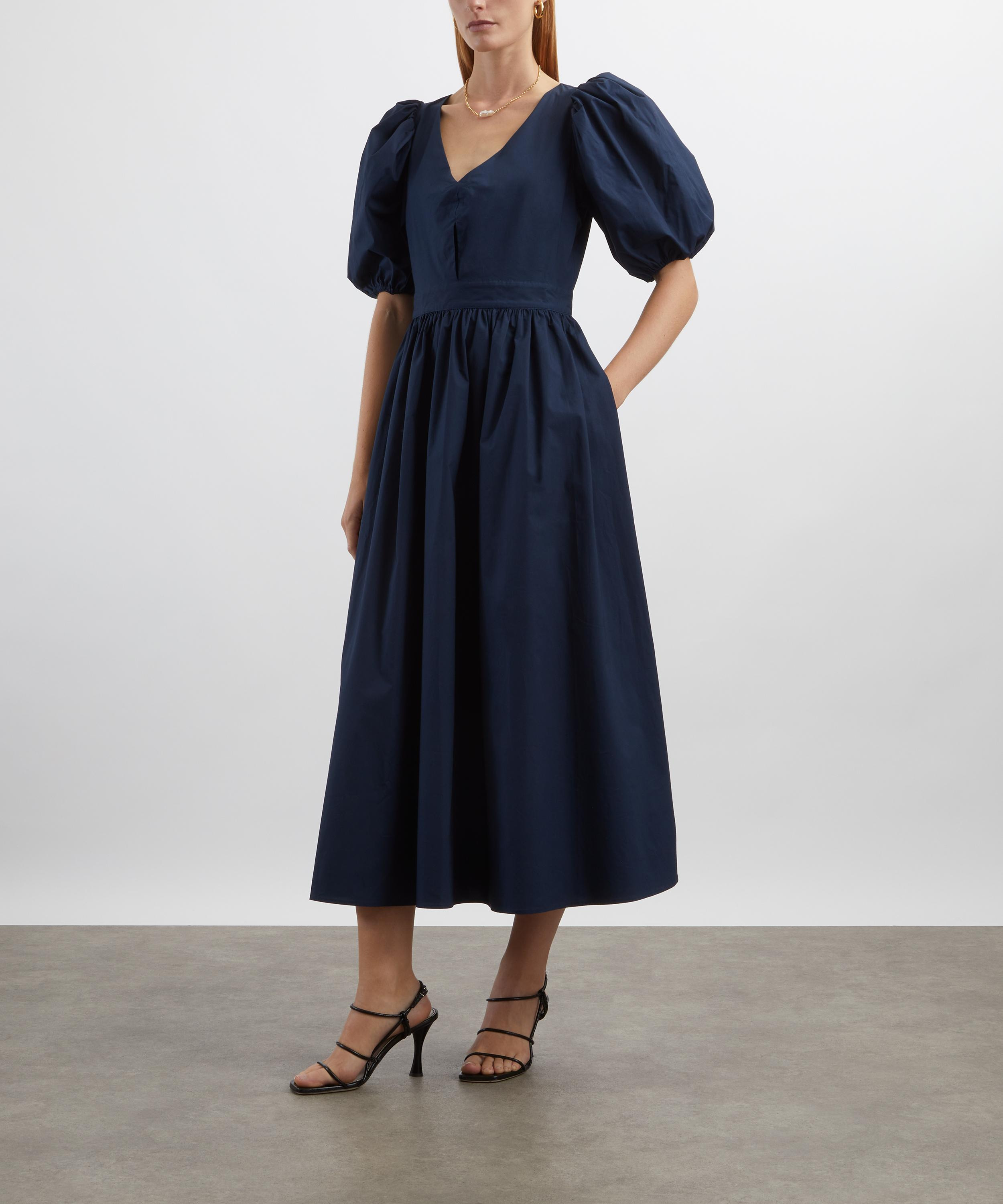 Dark Blue Puff-Sleeve Midi Dress - 3