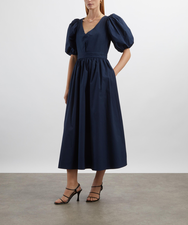 ROTATE Dark Blue Puff-Sleeve Midi Dress outlook