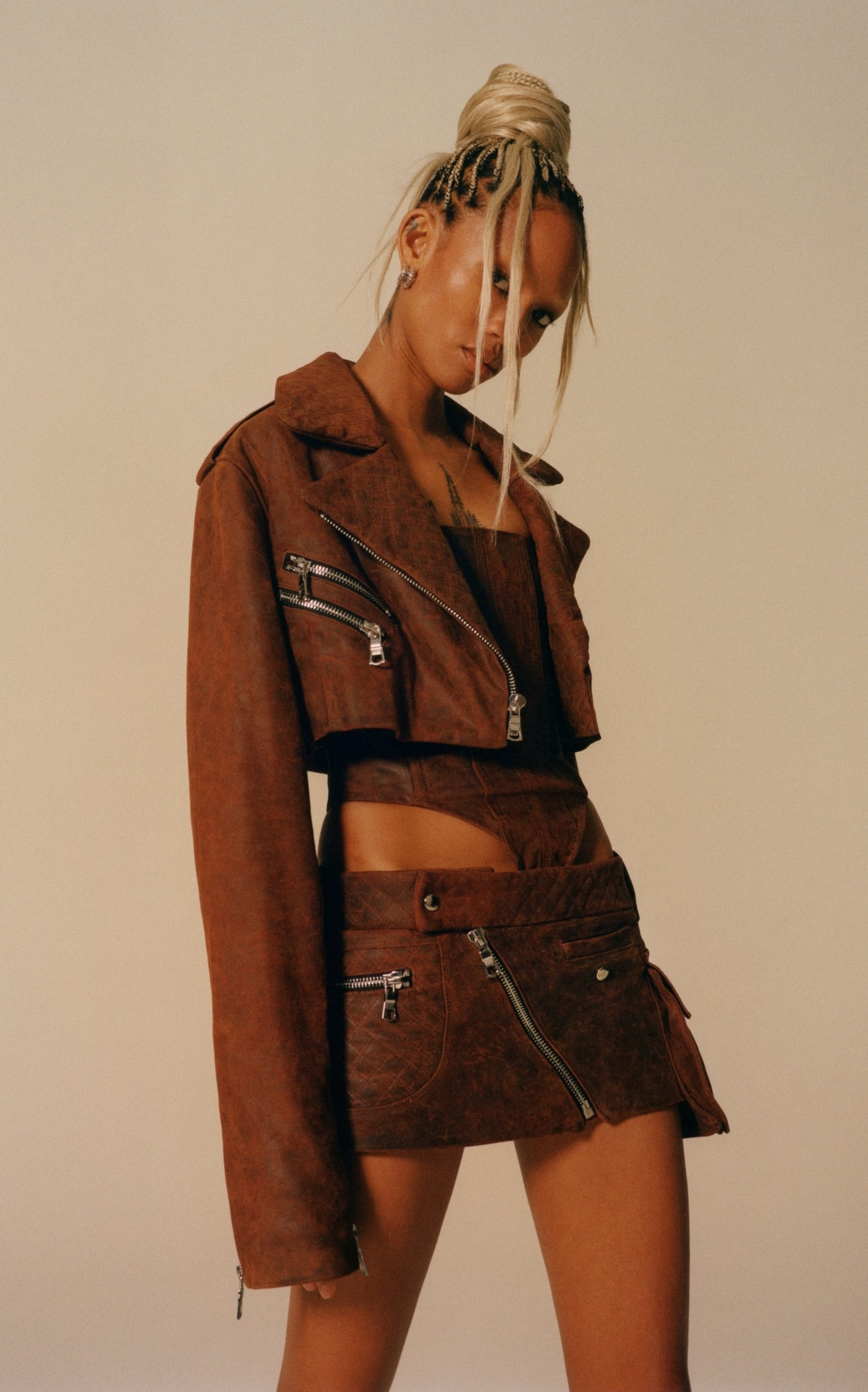 Cropped Leather Moto Jacket brown - 2