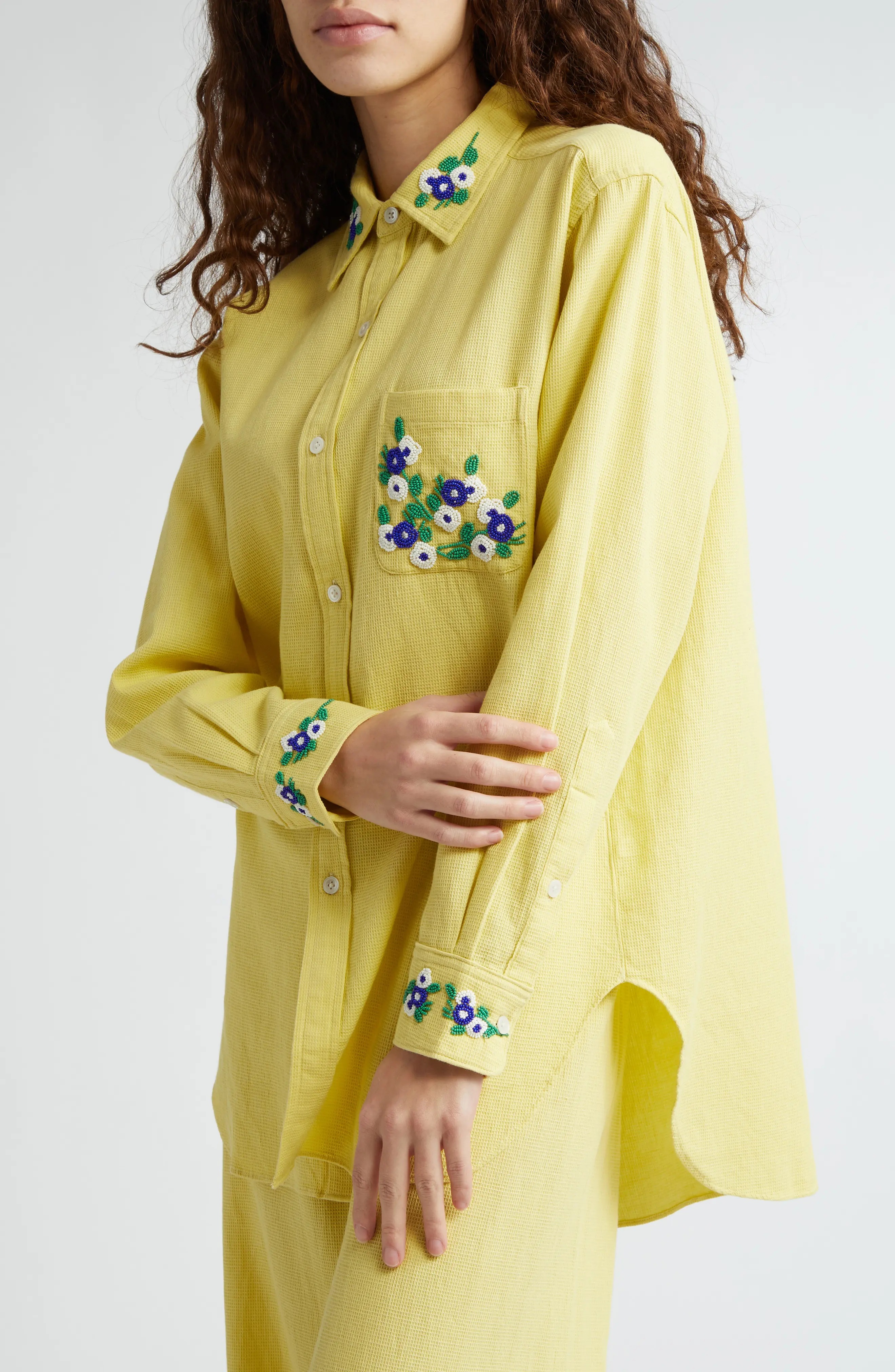 Chicory Beaded Long Sleeve Cotton Button-Up Shirt - 5