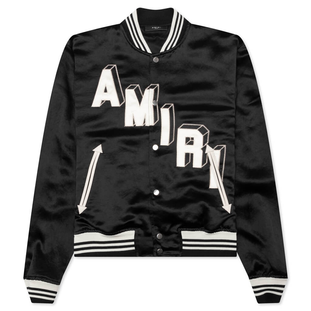 SATIN CROPPED VARSITY JACKET - BLACK - 1