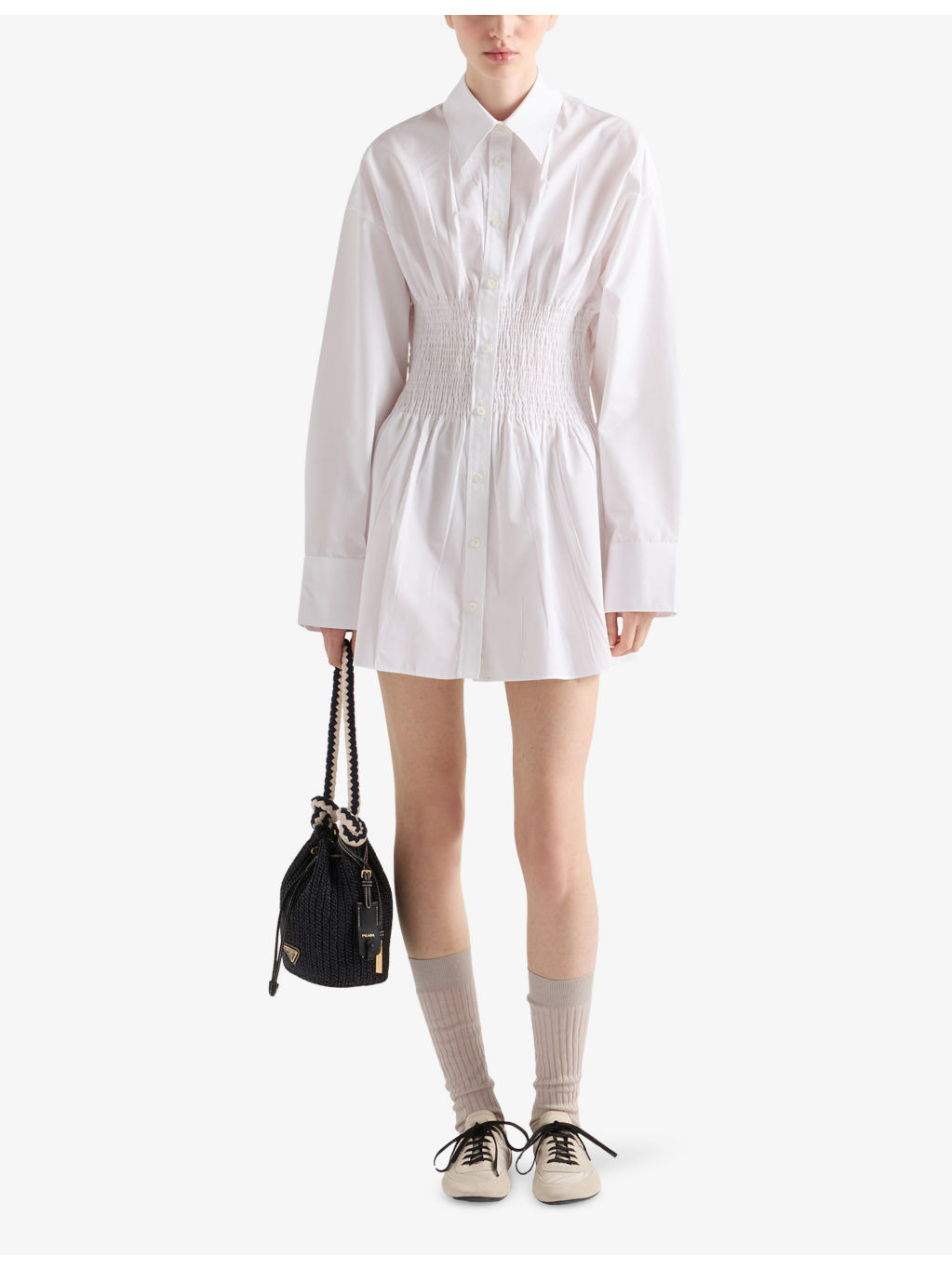 Smocked-Waist Long-Sleeve Classic Cotton Poplin Shirt - 2