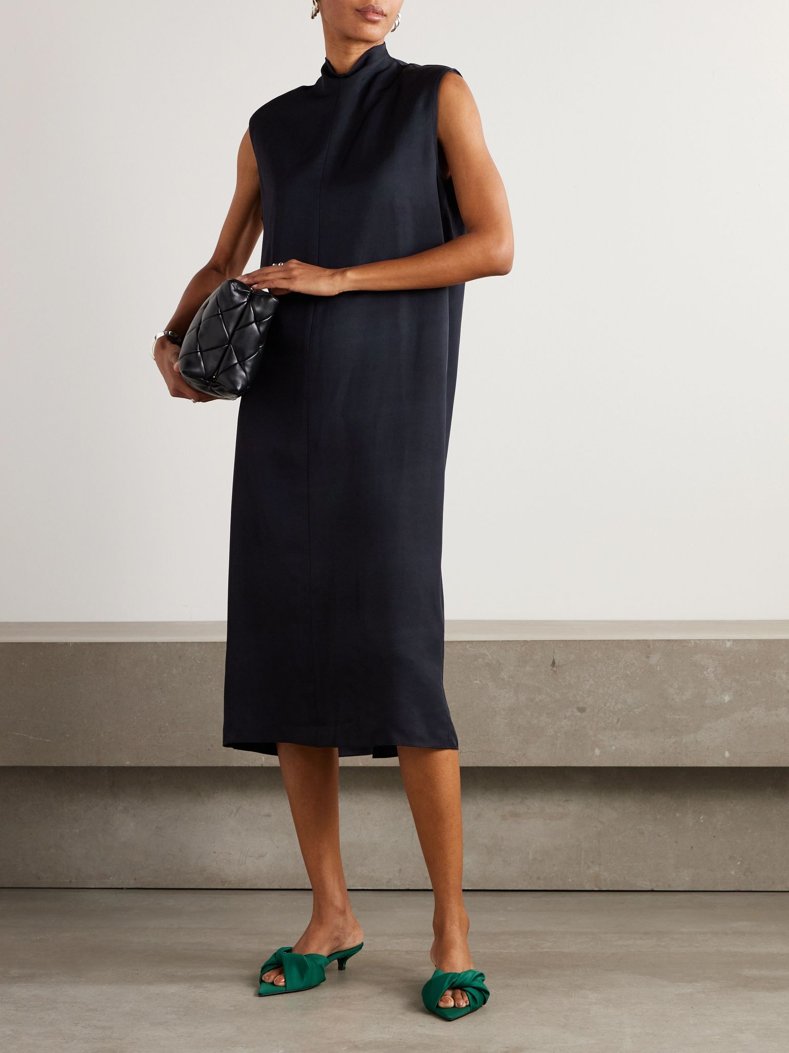 Pleated twill midi dress Navy - 2